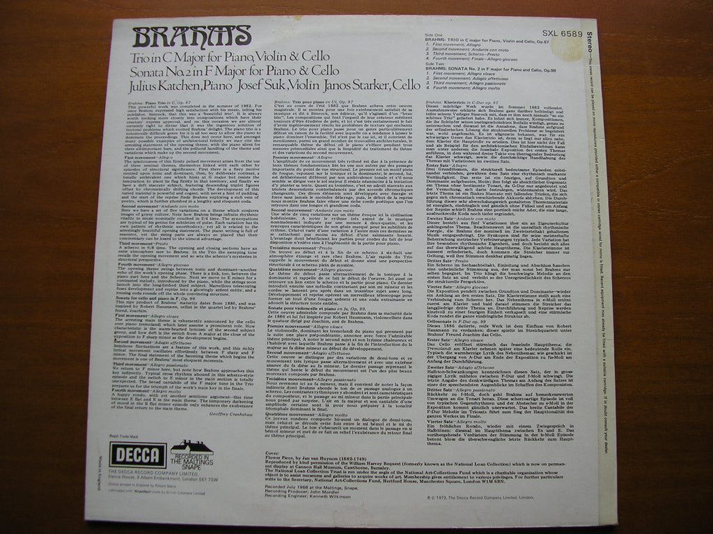 SXL 6589 BRAHMS: PIANO TRIO Op. 40 / CELLO SONATA Op. 99 STARKER / SUK / KATCHEN