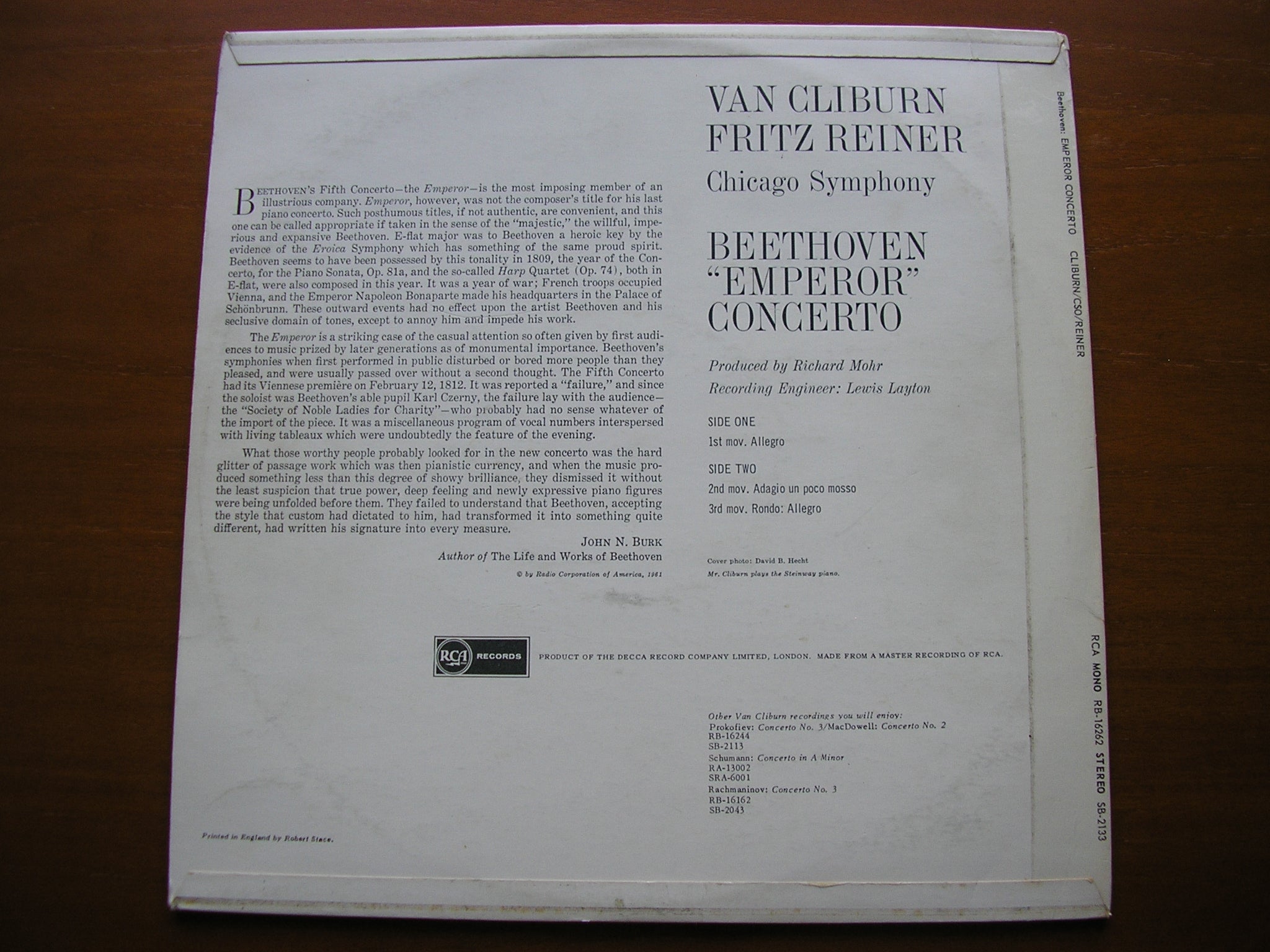 BEETHOVEN: PIANO CONCERTO No. 5  'Emperor'    VAN CLIBURN / CHICAGO SYMPHONY ORCHESTRA / REINER     SB 2133