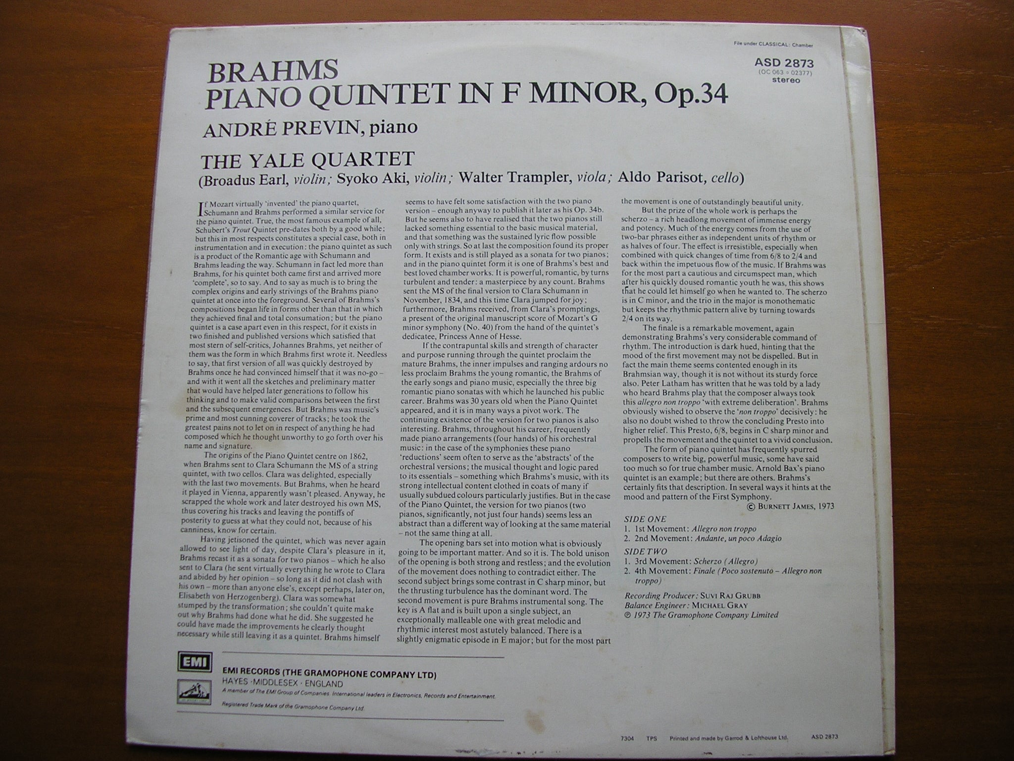 BRAHMS: PIANO QUINTET in F ANDRE PREVIN / THE YALE QUARTET  ASD 2873