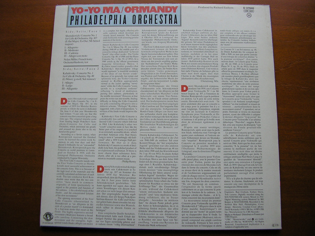 SHOSTAKOVICH / KABALEVSKY: CELLO CONCERTOS    YO-YO MA / PHILADELPHIA ORCHESTRA / ORMANDY    D 37840