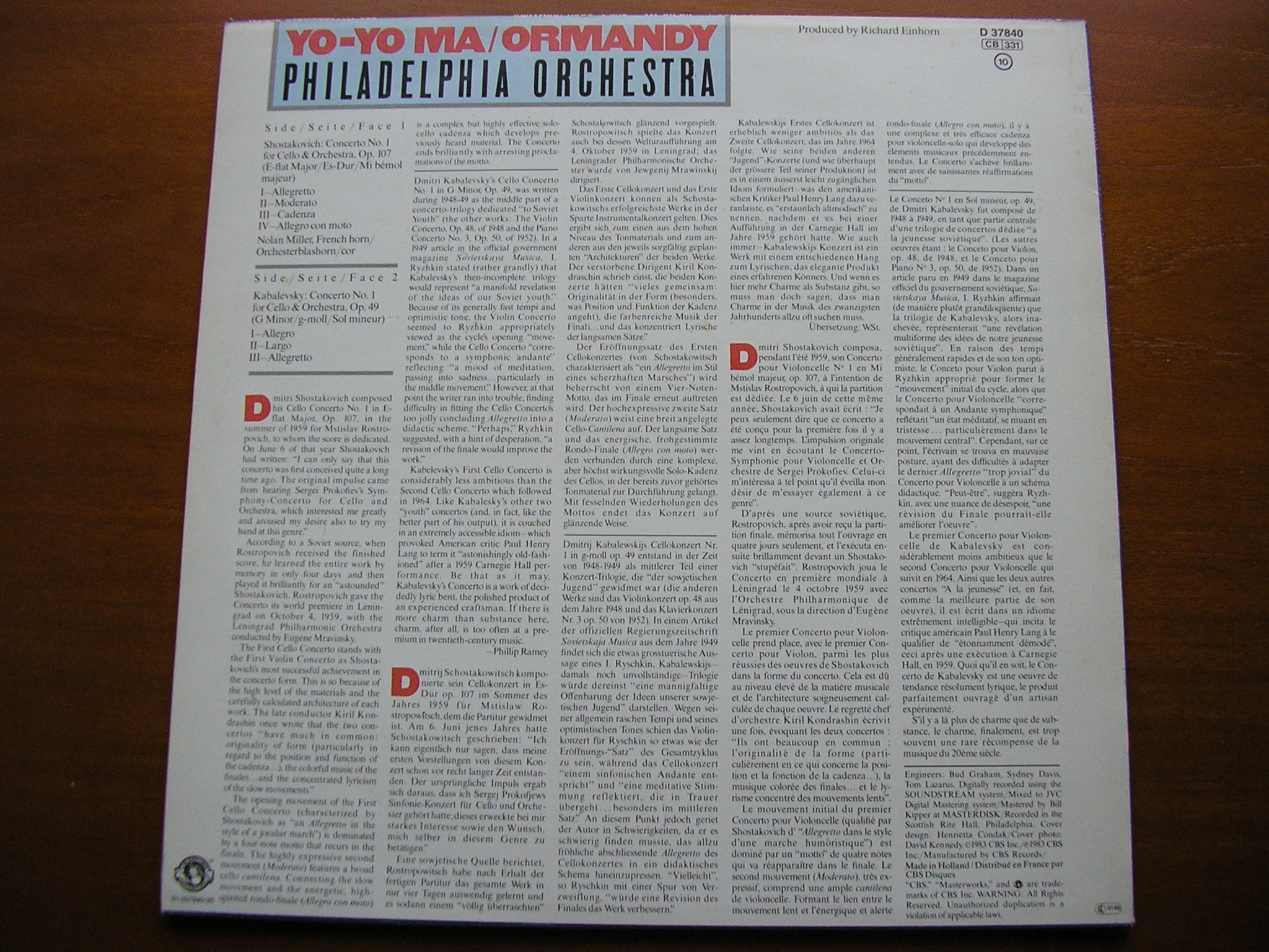 SHOSTAKOVICH / KABALEVSKY: CELLO CONCERTOS    YO-YO MA / PHILADELPHIA ORCHESTRA / ORMANDY    D 37840