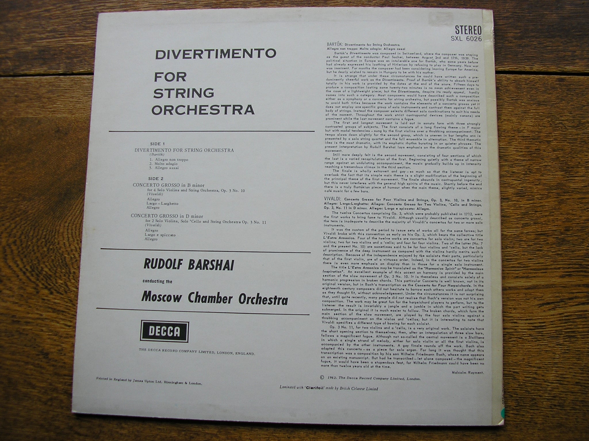 SXL 6026 BARTOK: DIVERTIMENTO FOR STRINGS / VIVALDI: CONCERTI GROSSI Nos. 11 & 12 BARSHAI / MOSCOW CO
