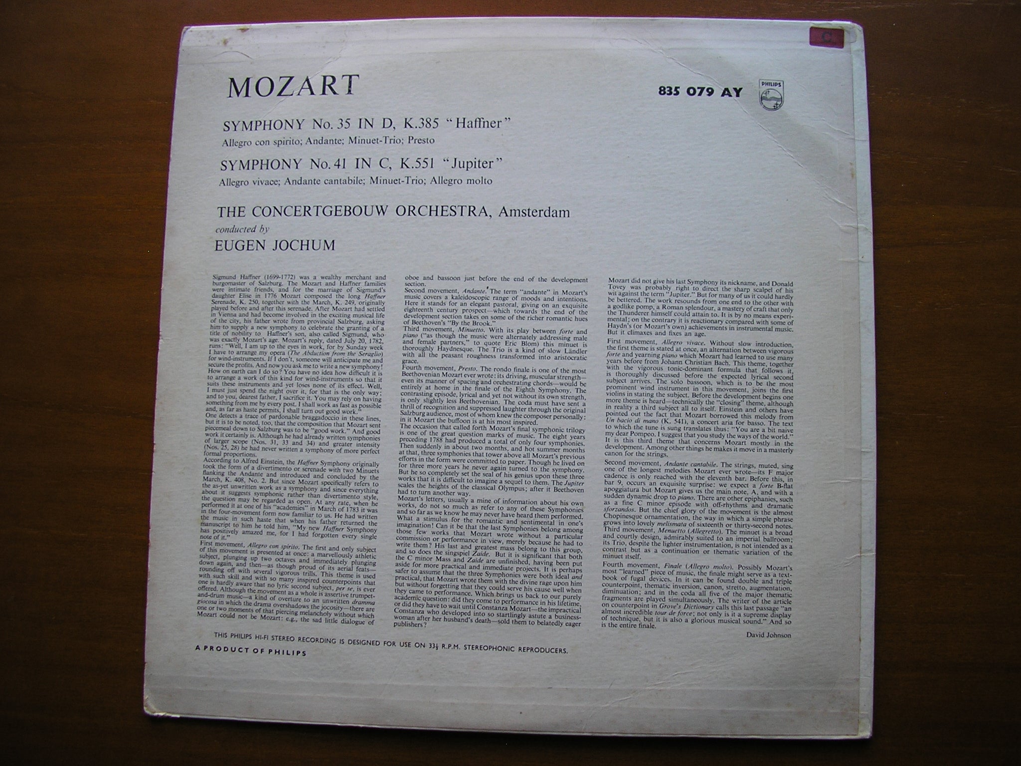MOZART: SYMPHONIES Nos.  35 'Haffner'  &  41  'Jupiter'        JOCHUM / CONCERTGEBOUW     835 079 AY