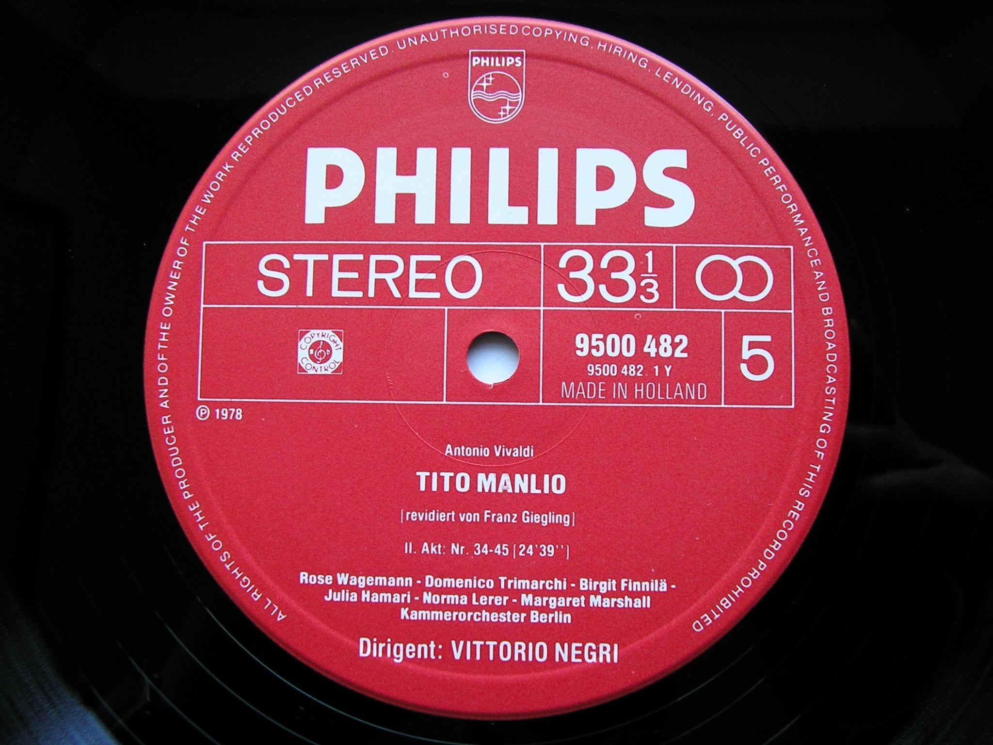 VIVALDI: TITO MANLIO  (1719)    SOLOISTS / BERLIN CHAMBER ORCHESTRA / NEGRI     5LP    6769 004