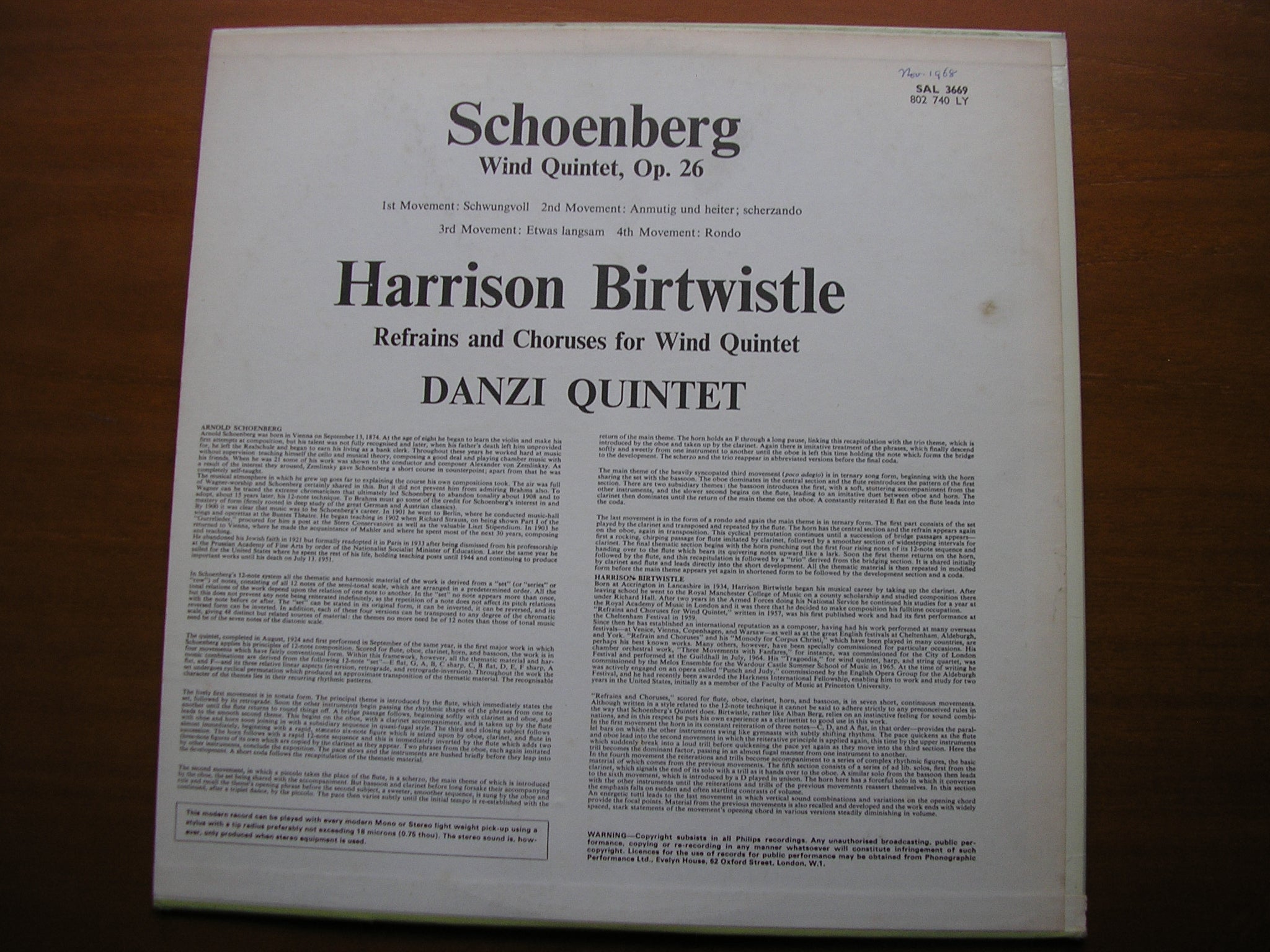 SCHOENBERG: WIND QUINTET / BIRTWISTLE: WIND QUINTET     DANZI QUINTET    SAL 3669