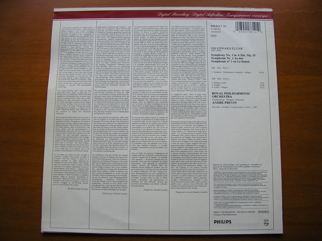ELGAR: SYMPHONY No. 1      PREVIN / ROYAL PHILHARMONIC ORCHESTRA     416 612
