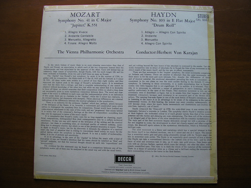 MOZART: SYMPHONY No. 41  'Jupiter'  /  HAYDN: SYMPHONY No. 103 'Drum Roll'      KARAJAN / VIENNA PHILHARMONIC      SXL 6067