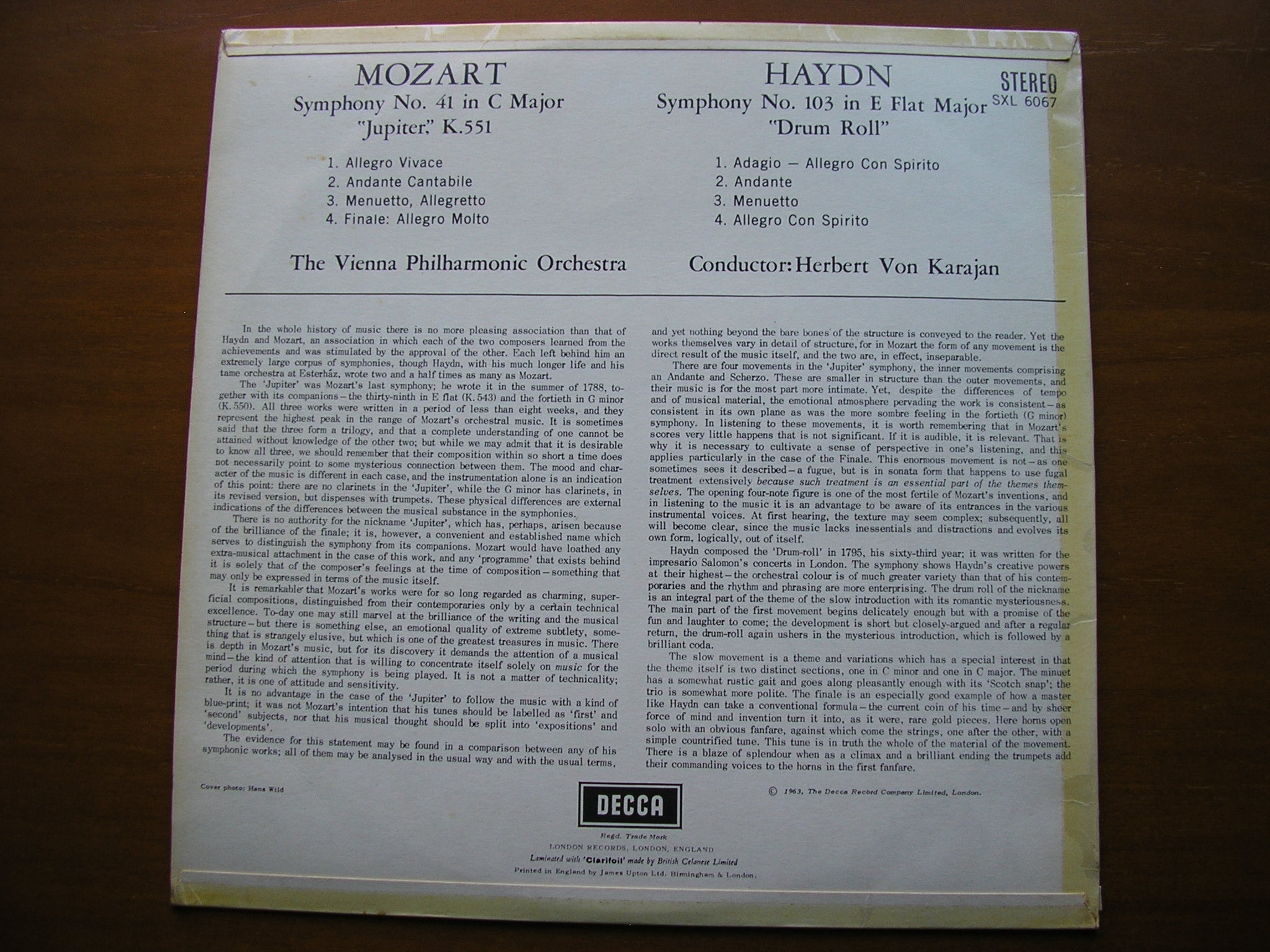MOZART: SYMPHONY No. 41  'Jupiter'  /  HAYDN: SYMPHONY No. 103 'Drum Roll'      KARAJAN / VIENNA PHILHARMONIC      SXL 6067