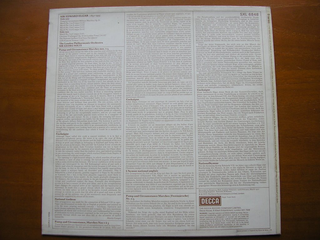 SXL 6848 ELGAR: POMP & CIRCUMSTANCE MARCHES 1 - 5 / OVERTURE COCKAIGNE SOLTI / LONDON PHILHARMONIC