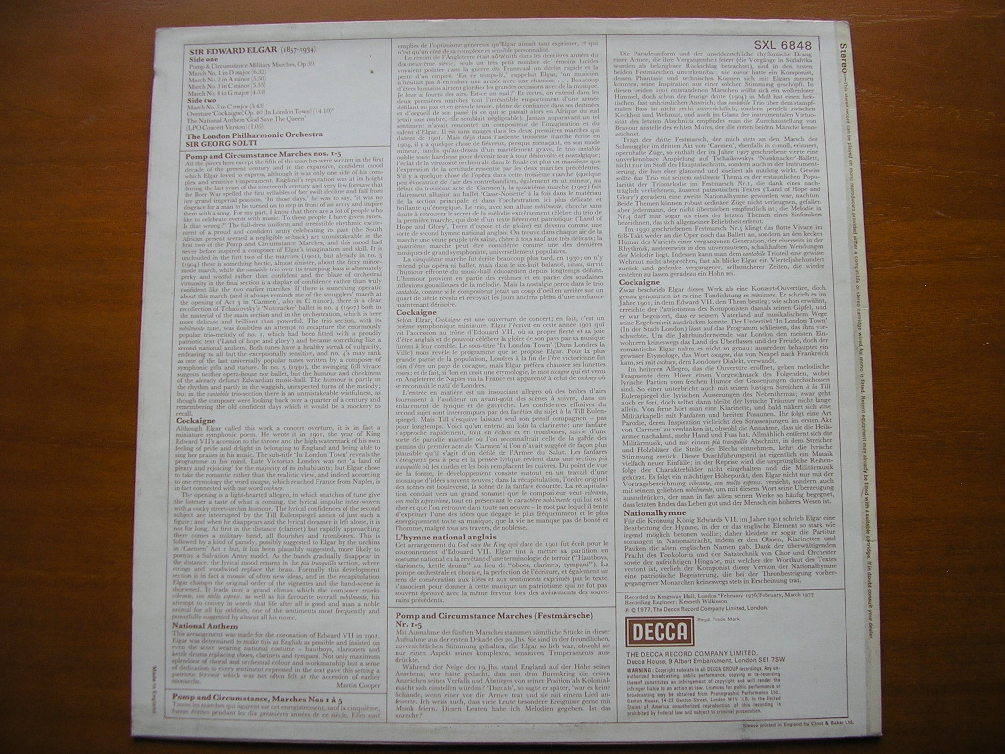 SXL 6848 ELGAR: POMP & CIRCUMSTANCE MARCHES 1 - 5 / OVERTURE COCKAIGNE SOLTI / LONDON PHILHARMONIC