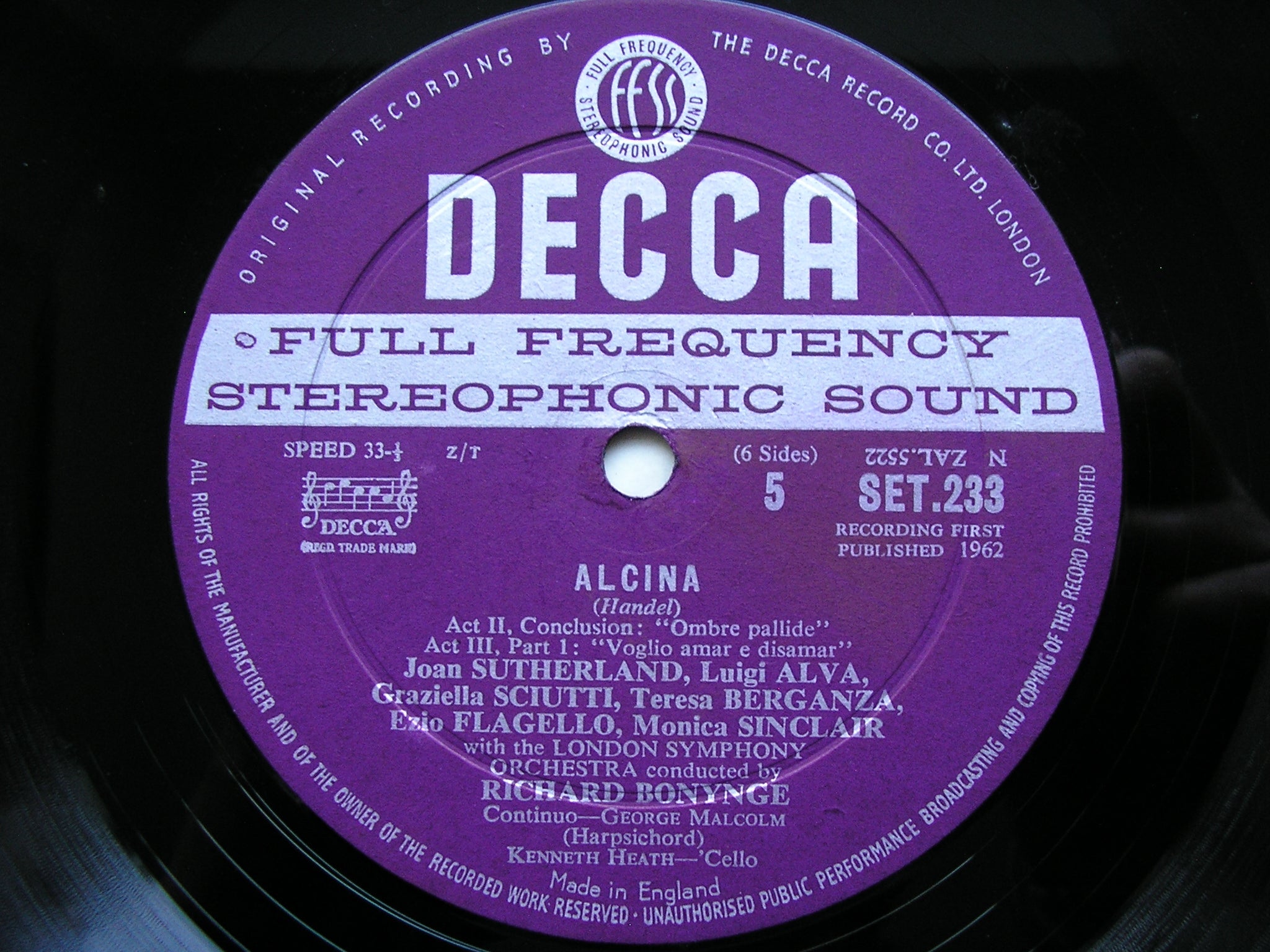 HANDEL: ALCINA (1735)    SOLOISTS / LONDON SYMPHONY / BONYNGE    3LP    SET 232 / 4