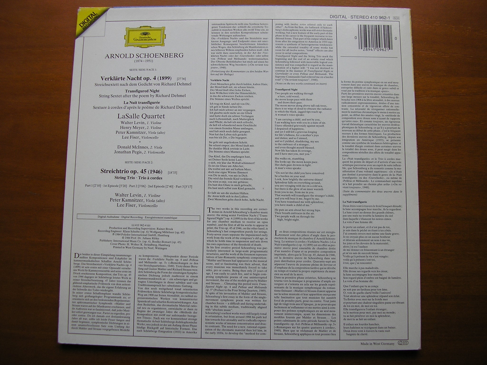 SCHOENBERG: VERKLARTE NACHT / STRING TRIO     LASALLE QUARTET / McINNES / PEGIS    410 962