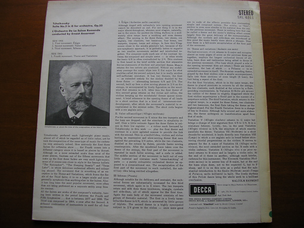 SXL 6311 TCHAIKOVSKY: SUITE No. 3 RICCI / SUISSE ROMANDE / ANSERMET