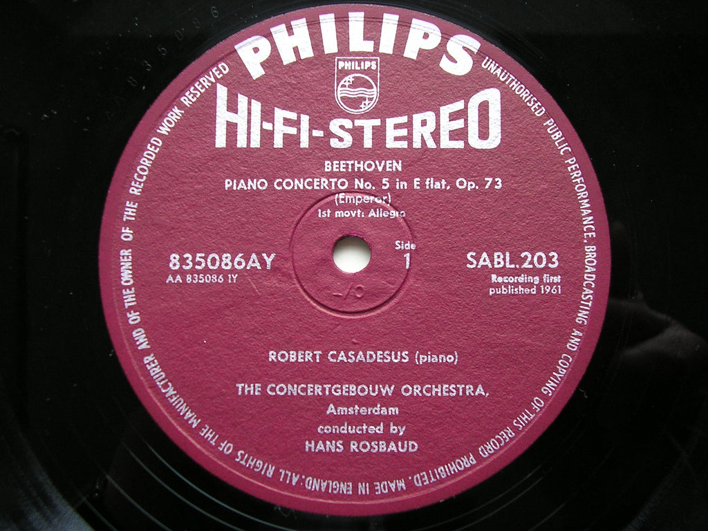 BEETHOVEN: PIANO CONCERTO No. 5  'Emperor'     CASADESUS / CONCERTGEBOUW / ROSBAUD     SABL 203