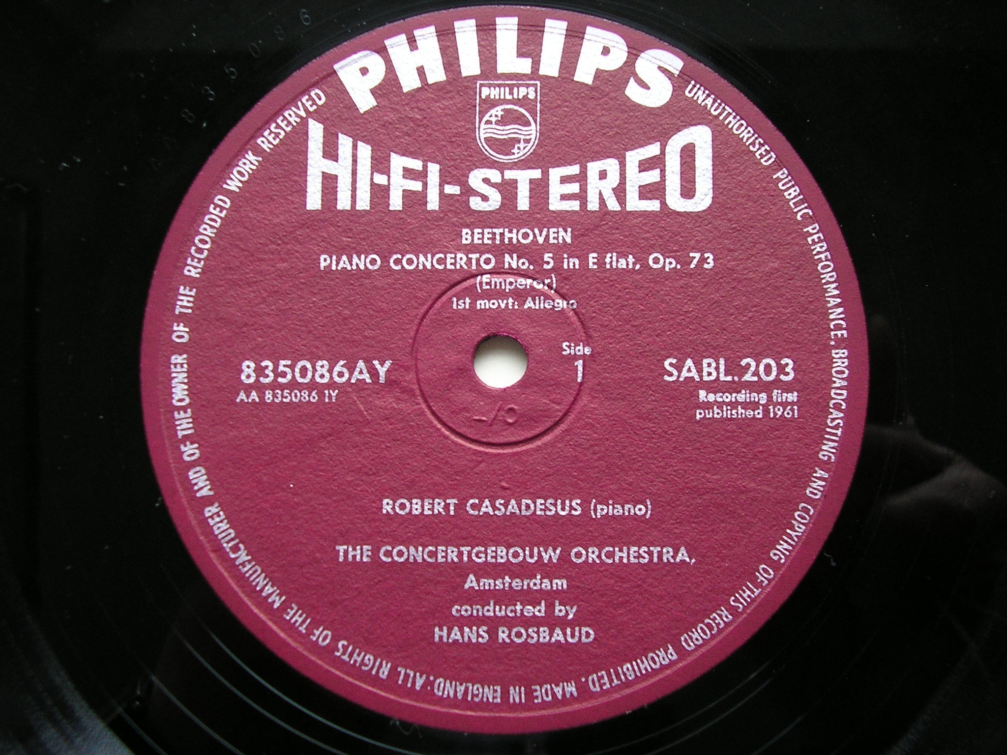 BEETHOVEN: PIANO CONCERTO No. 5  'Emperor'     CASADESUS / CONCERTGEBOUW / ROSBAUD     SABL 203