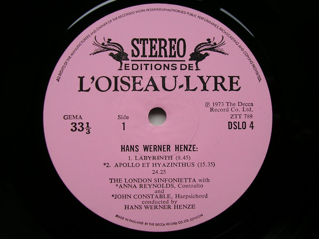 HENZE: LABYRINTH / APOLLO ET HYAZINTHUS / THE EMPEROR'S NIGHTINGALE   HENZE / LONDON SINFONIETTA  DSLO 4