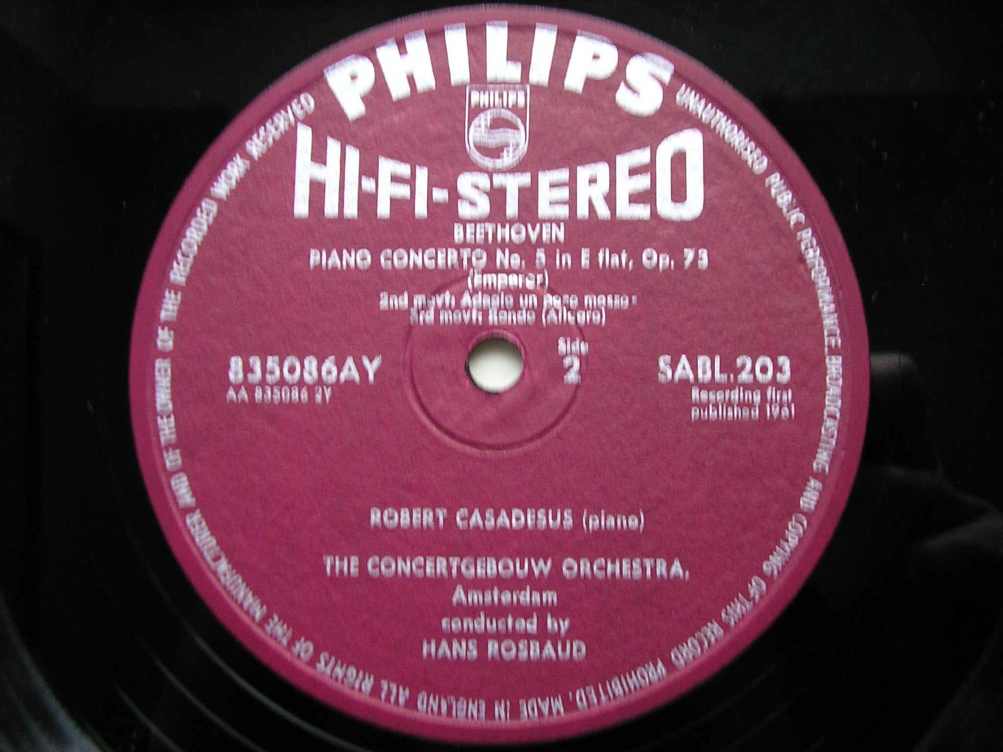 BEETHOVEN: PIANO CONCERTO No. 5  'Emperor'     CASADESUS / CONCERTGEBOUW / ROSBAUD     SABL 203