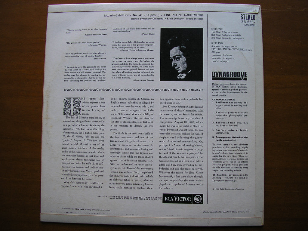 MOZART: SYMPHONY No. 41  'Jupiter'  / EINE KLEINE NACHTMUSIK      LEINSDORF / BOSTON SYMPHONY     SB 6567