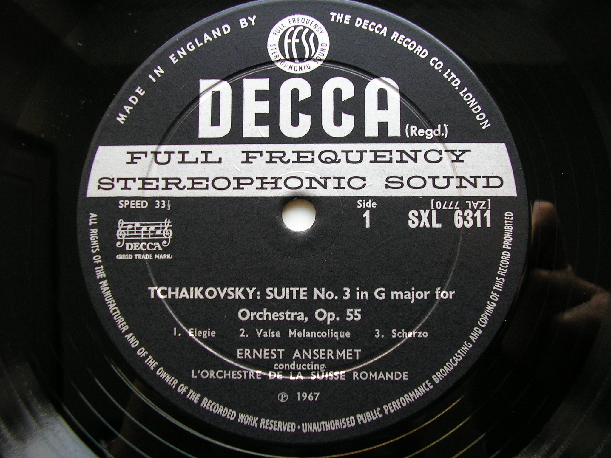 SXL 6311 TCHAIKOVSKY: SUITE No. 3 RICCI / SUISSE ROMANDE / ANSERMET