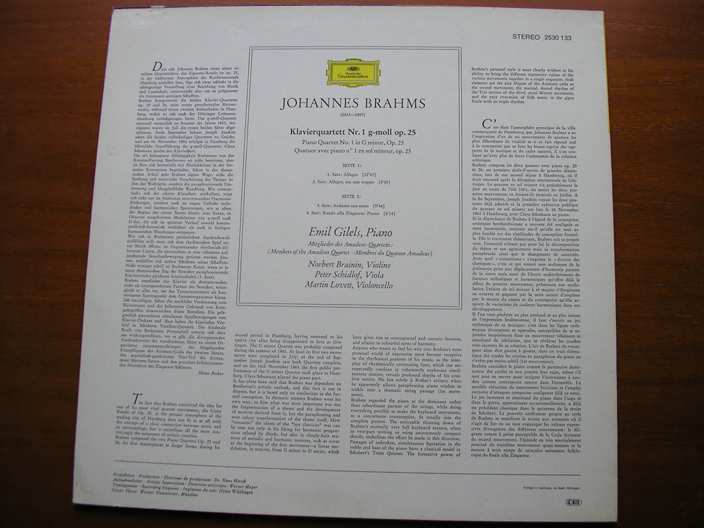 BRAHMS: PIANO QUARTET Op. 25     GILELS / MEMBERS OF THE AMADEUS QUARTET   2530 133