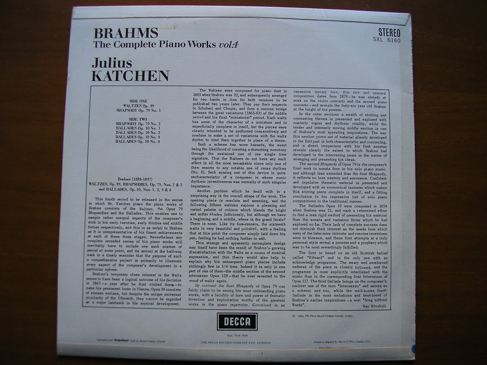 SXL 6160  BRAHMS: COMPLETE PIANO WORKS  Volume 4        JULIUS KATCHEN      ED1