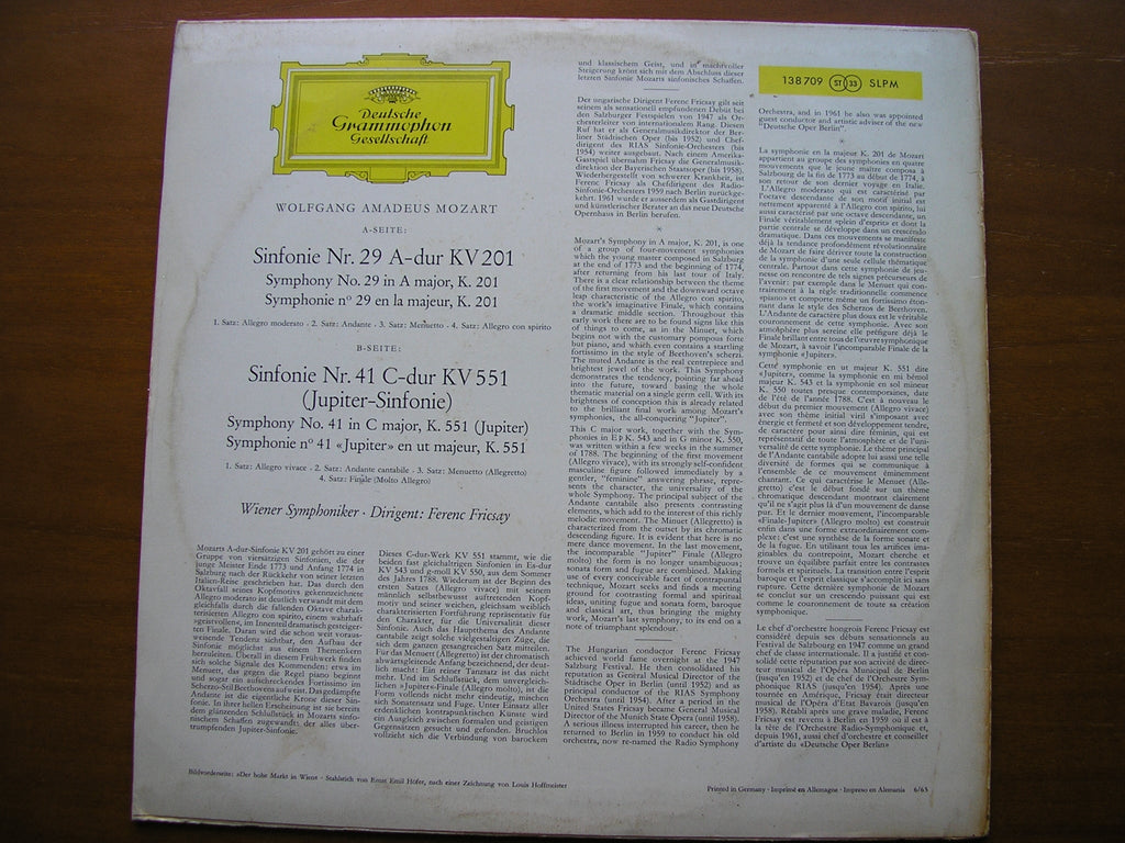 MOZART: SYMPHONIES Nos. 29  &  41  'Jupiter'       FRICSAY / VIENNA SYMPHONY    138 709