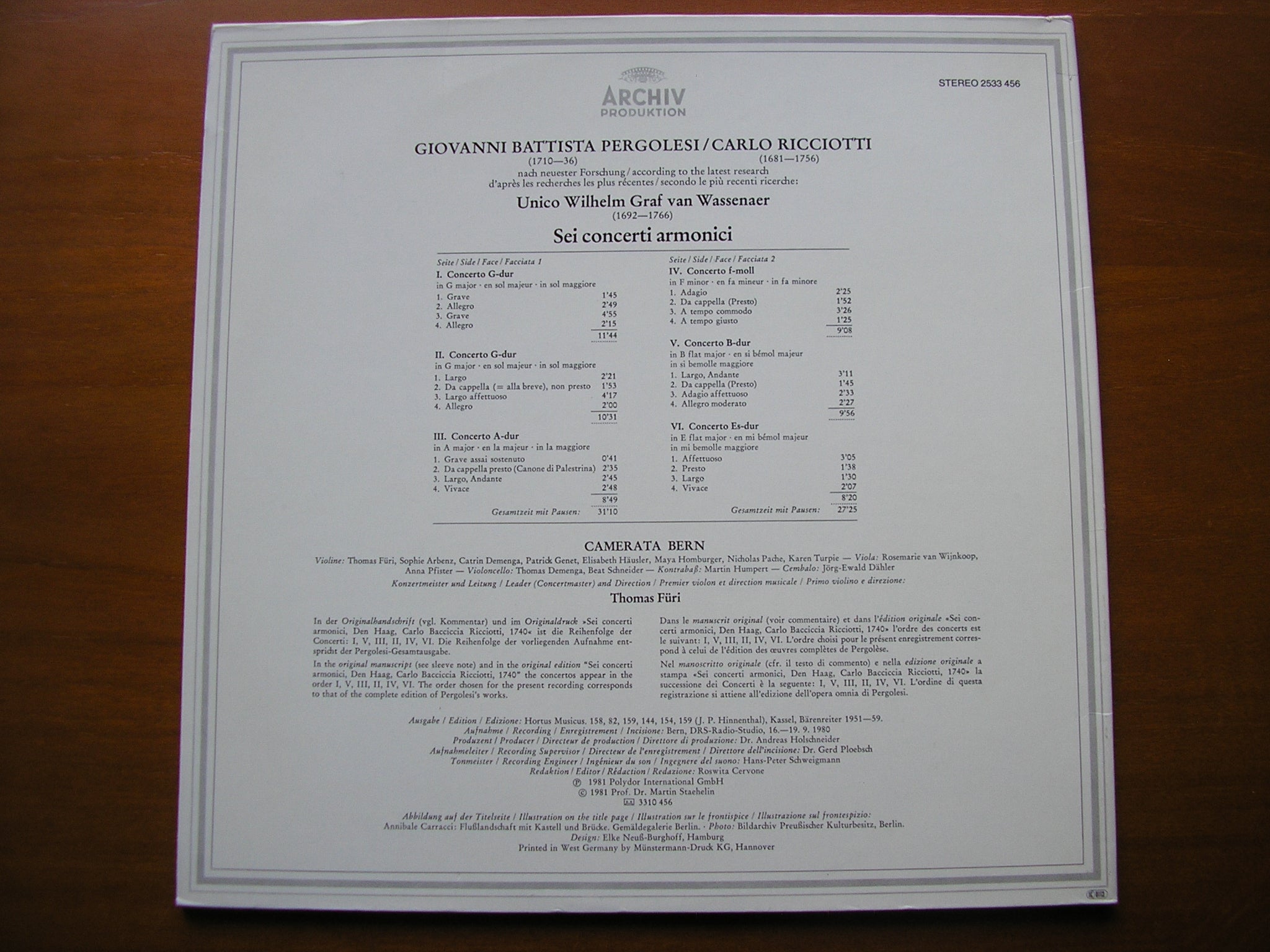 PERGOLESI-RICCIOTTI: SIX CONCERTI ARMONICI    CAMERATA BERN / FURI    2533 456