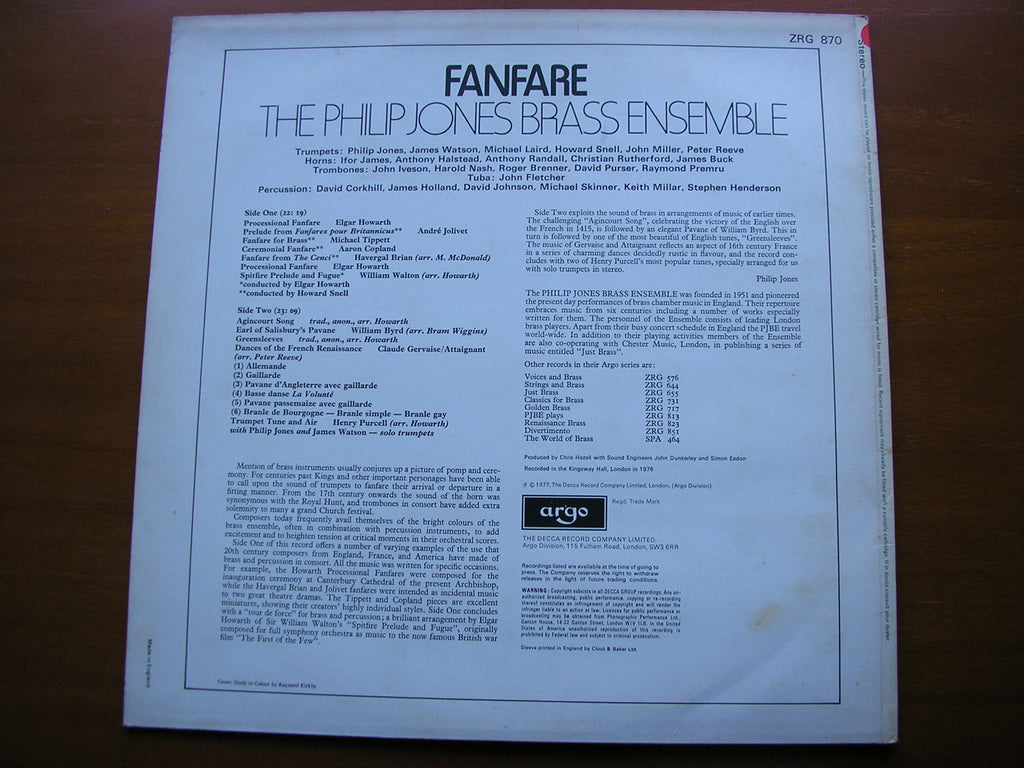 FANFARE: MUSIC FOR BRASS       PHILIP JONES BRASS ENSEMBLE / HOWARTH / SNELL   Test Pressing    ZRG 870