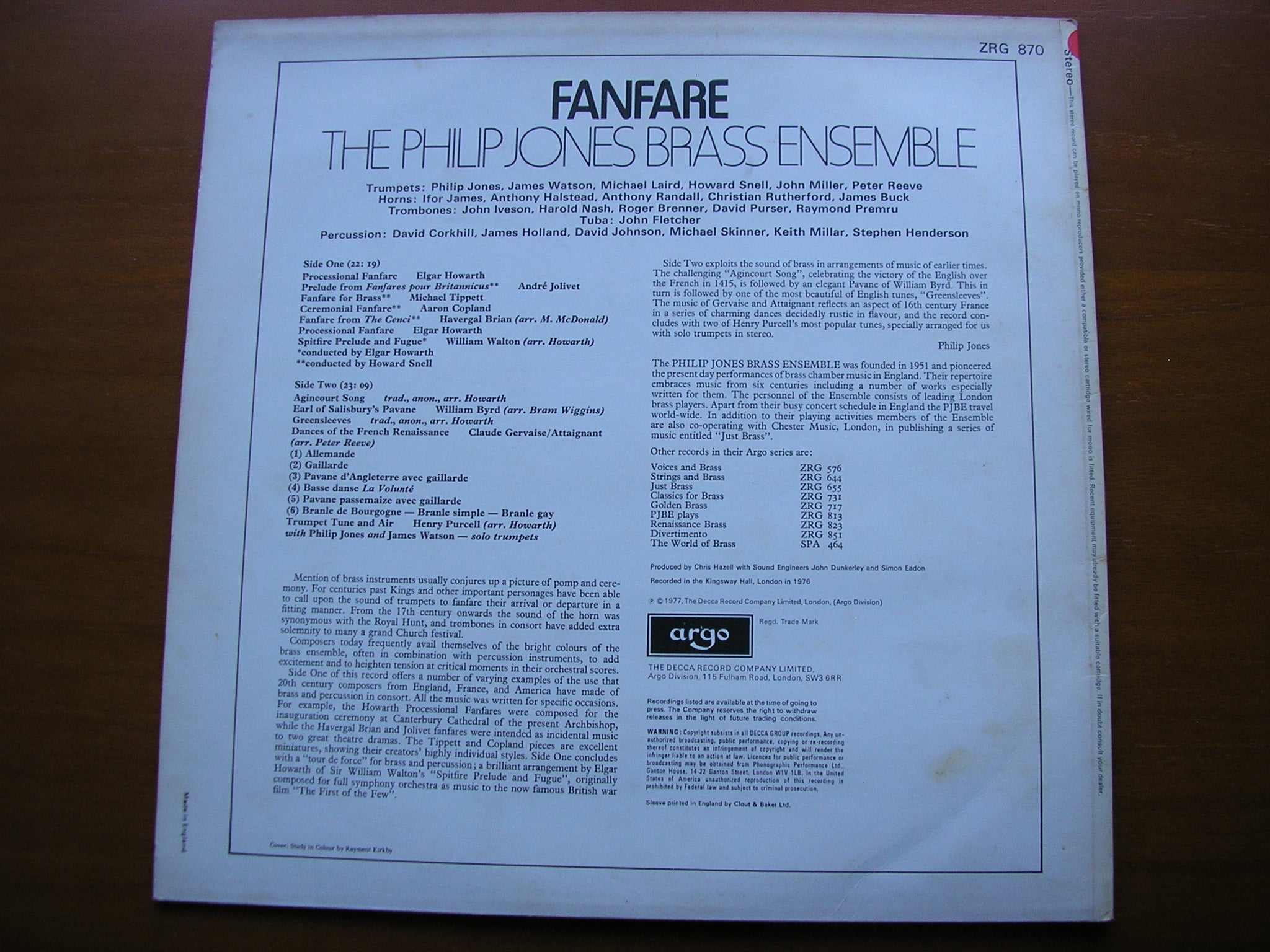 FANFARE: MUSIC FOR BRASS       PHILIP JONES BRASS ENSEMBLE / HOWARTH / SNELL   Test Pressing    ZRG 870