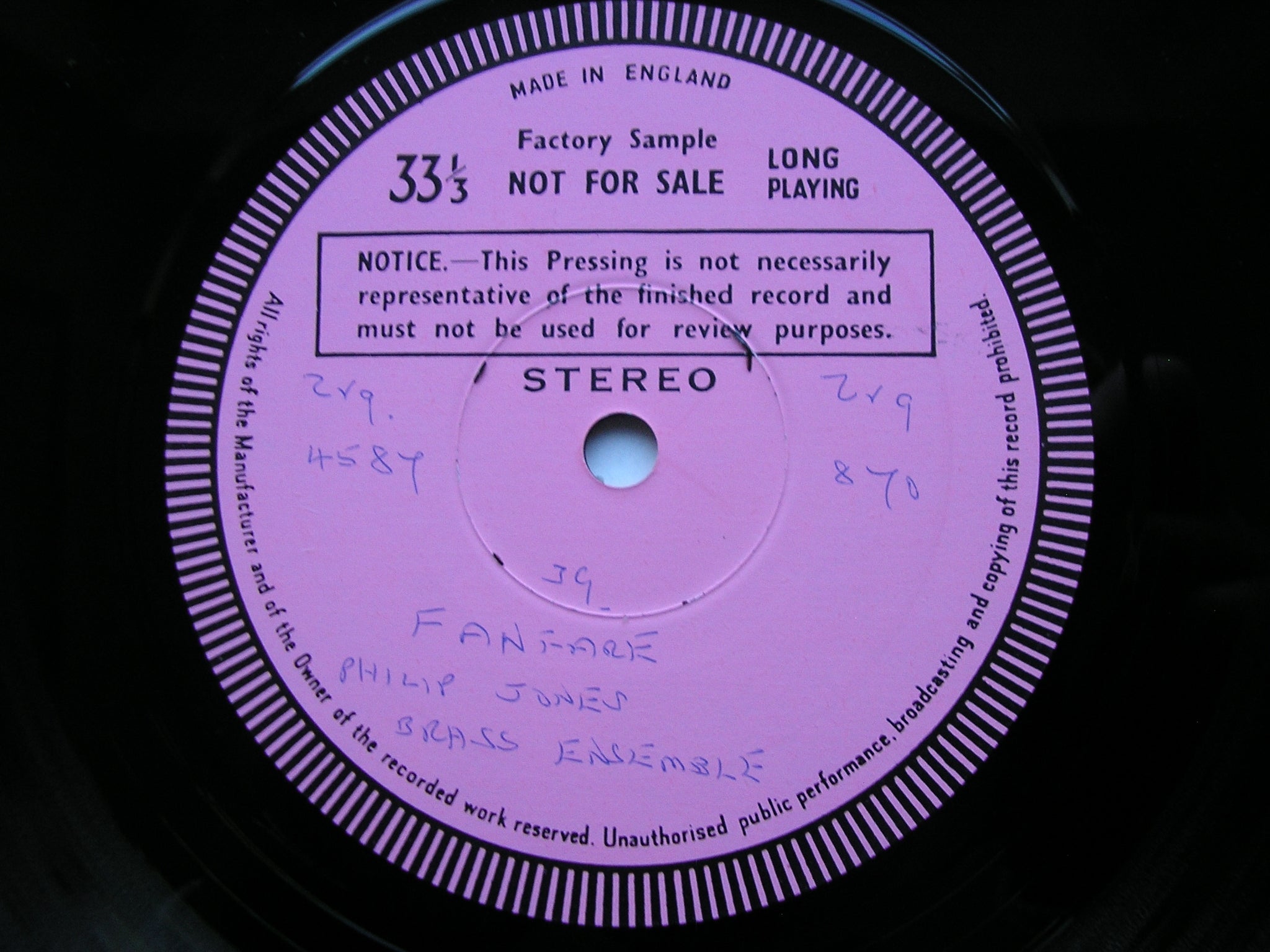 FANFARE: MUSIC FOR BRASS       PHILIP JONES BRASS ENSEMBLE / HOWARTH / SNELL   Test Pressing    ZRG 870