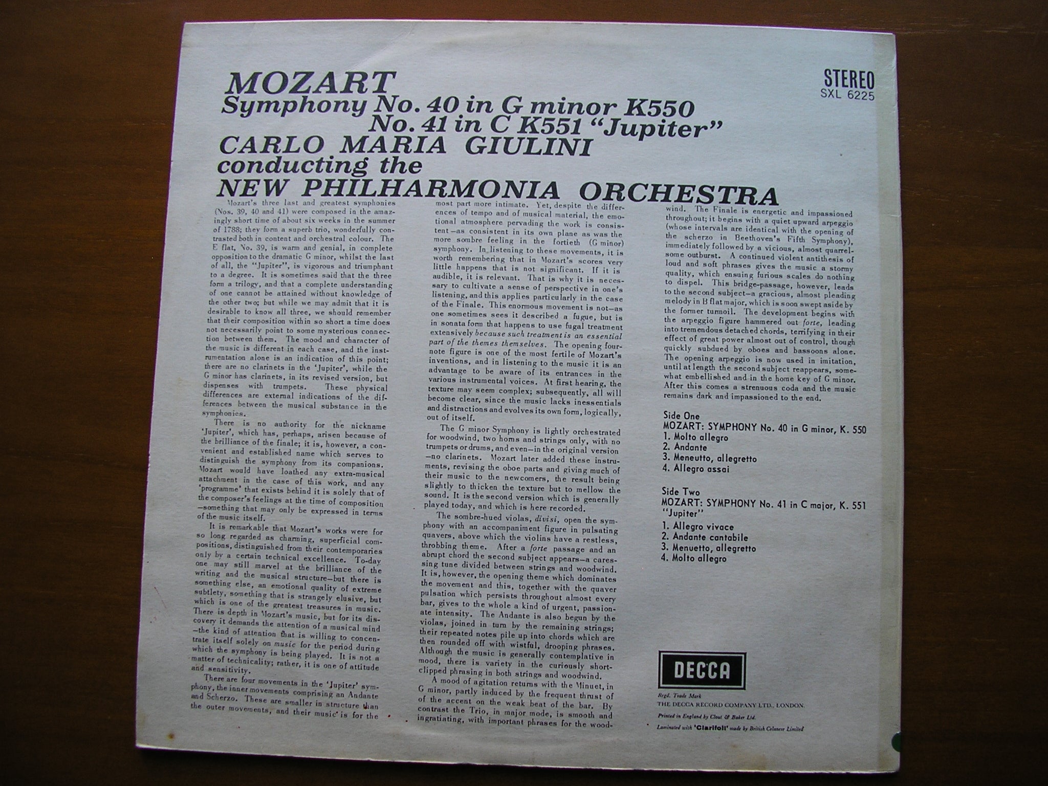 MOZART: SYMPHONIES Nos. 40  &  41  'Jupiter'      GIULINI / NEW PHILHARMONIA     SXL 6225