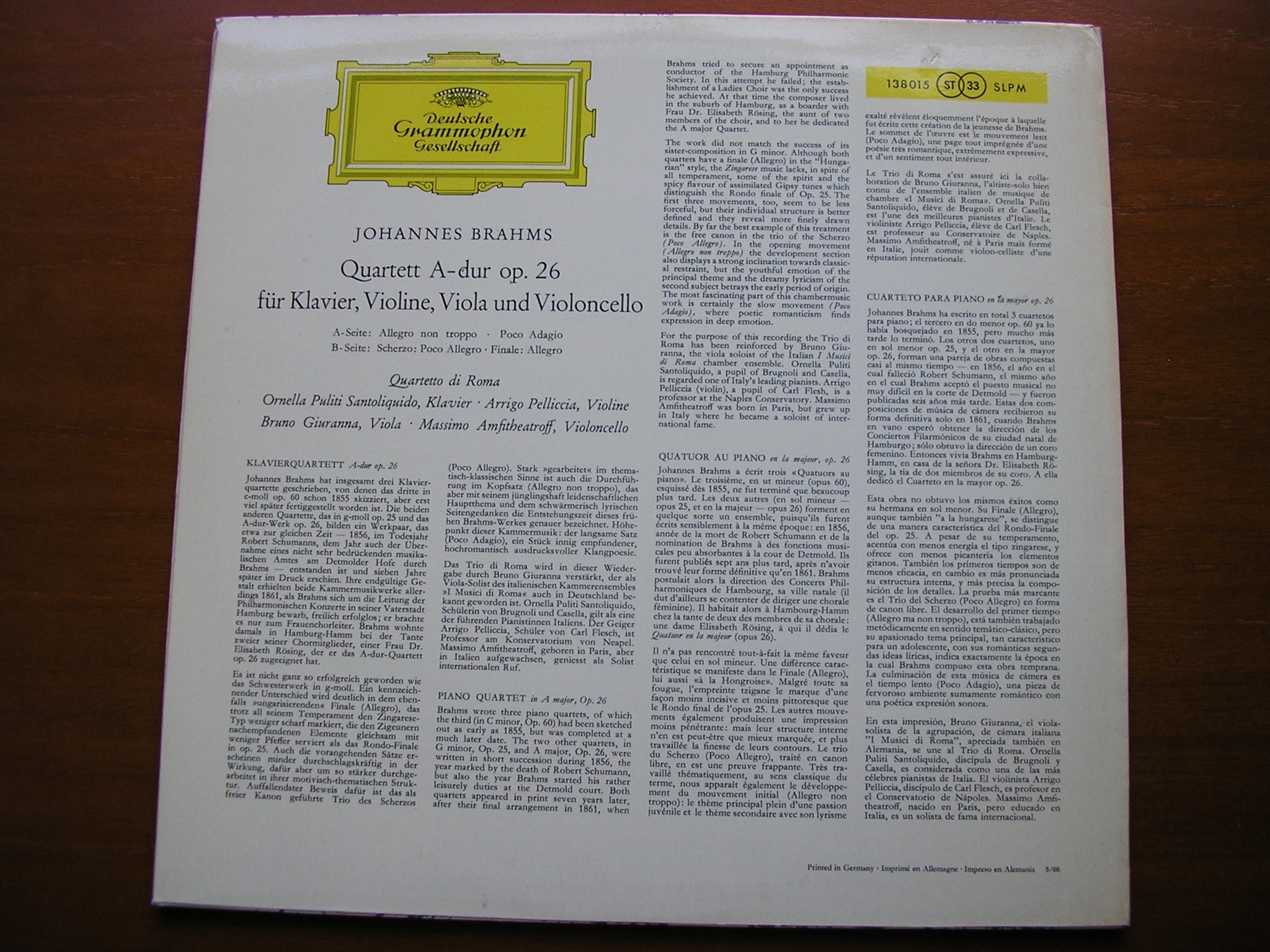 BRAHMS: PIANO QUARTET in A Op. 26    QUARTETTO DI ROMA     138 015