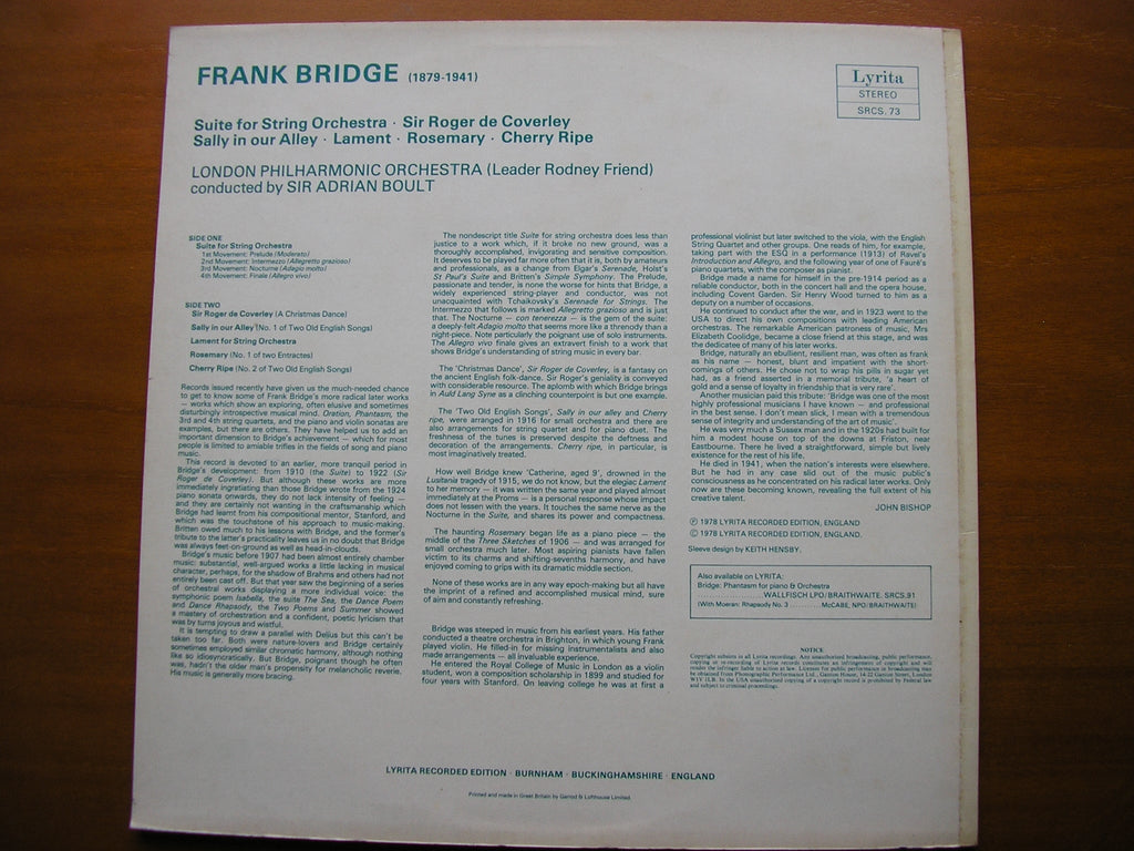 BRIDGE: SUITE FOR STRINGS / CHERRY RIPE / SALLY IN OUR ALLEY / LAMENT      BOULT / LONDON PHILHARMONIC    SRCS 73