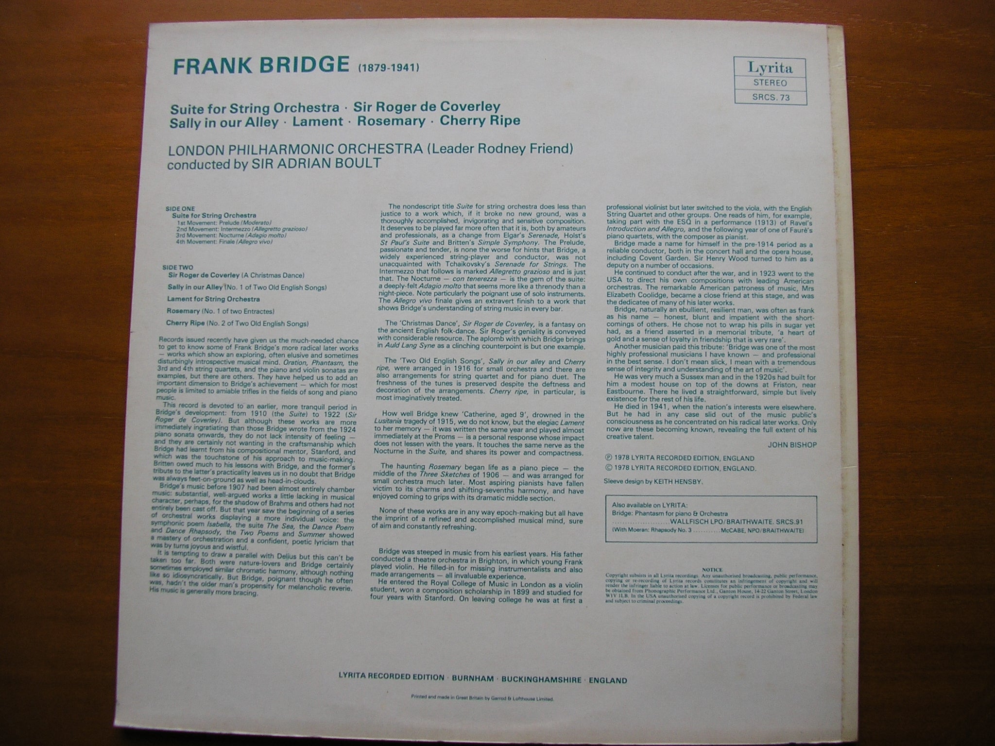 BRIDGE: SUITE FOR STRINGS / CHERRY RIPE / SALLY IN OUR ALLEY / LAMENT      BOULT / LONDON PHILHARMONIC    SRCS 73