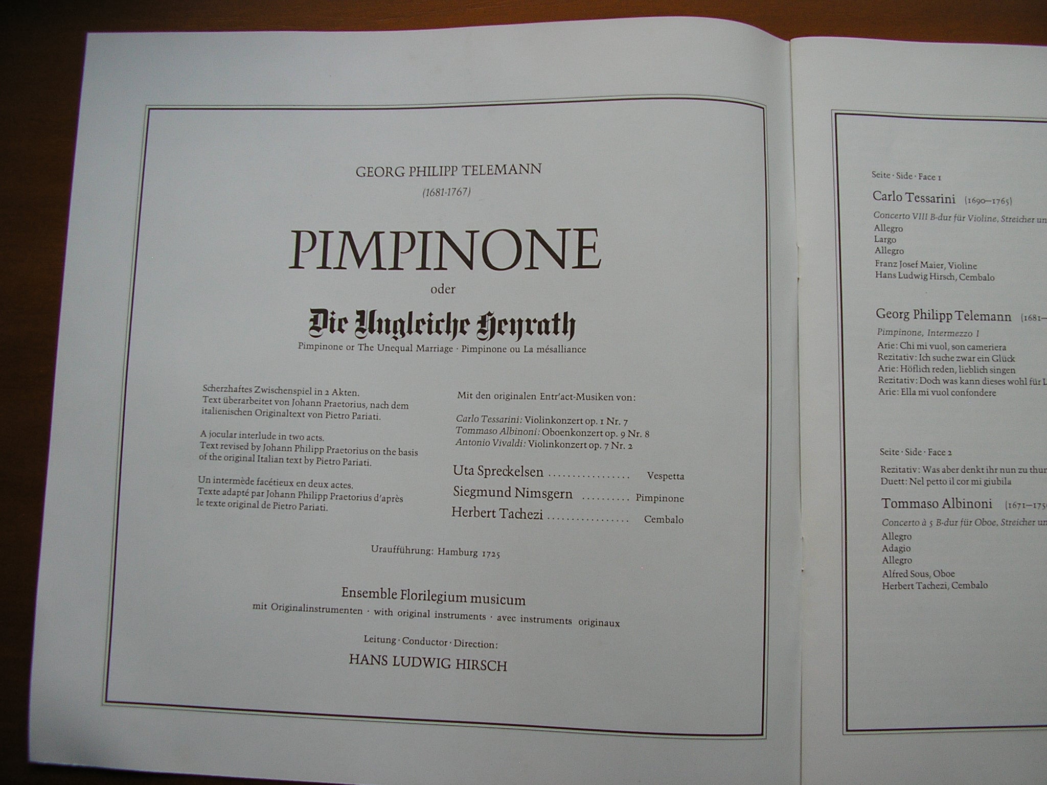 TELEMANN: PIMPINONE  (1725)   SPRECKELSEN / NIMSGERN / ENSEMBLE FLORILEGIUM MUSICUM / HIRSCH     2LP    4.41953 CX