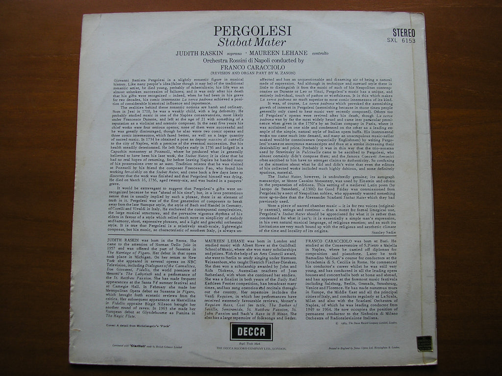 SXL 6135 PERGOLESI: STABAT MATER RASKIN / LEHANE / ROSSINI ORCHESTRA OF NAPLES / CARACCIOLO