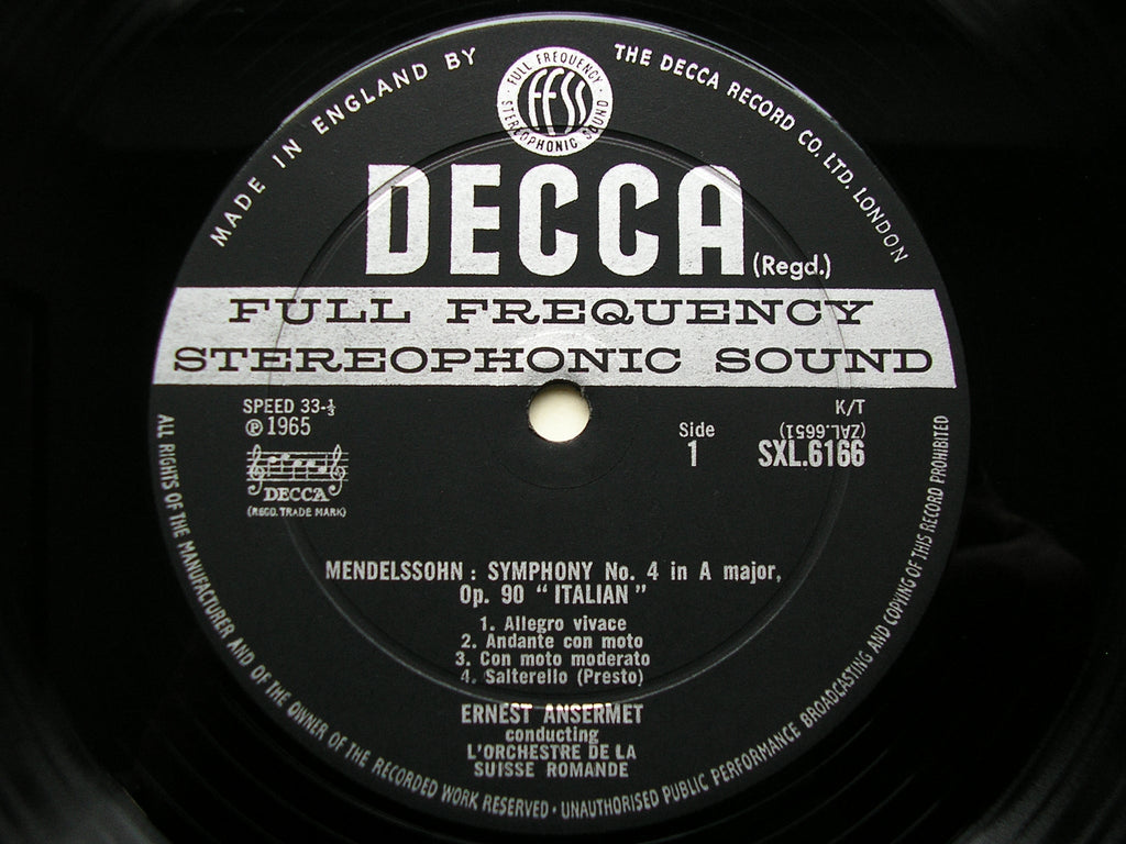 SXL 6166  MENDESSOHN: SYMPHONY No. 4  'Italian'  / THREE OVERTURES      ANSERMET / SUISSE ROMANDE     ED2