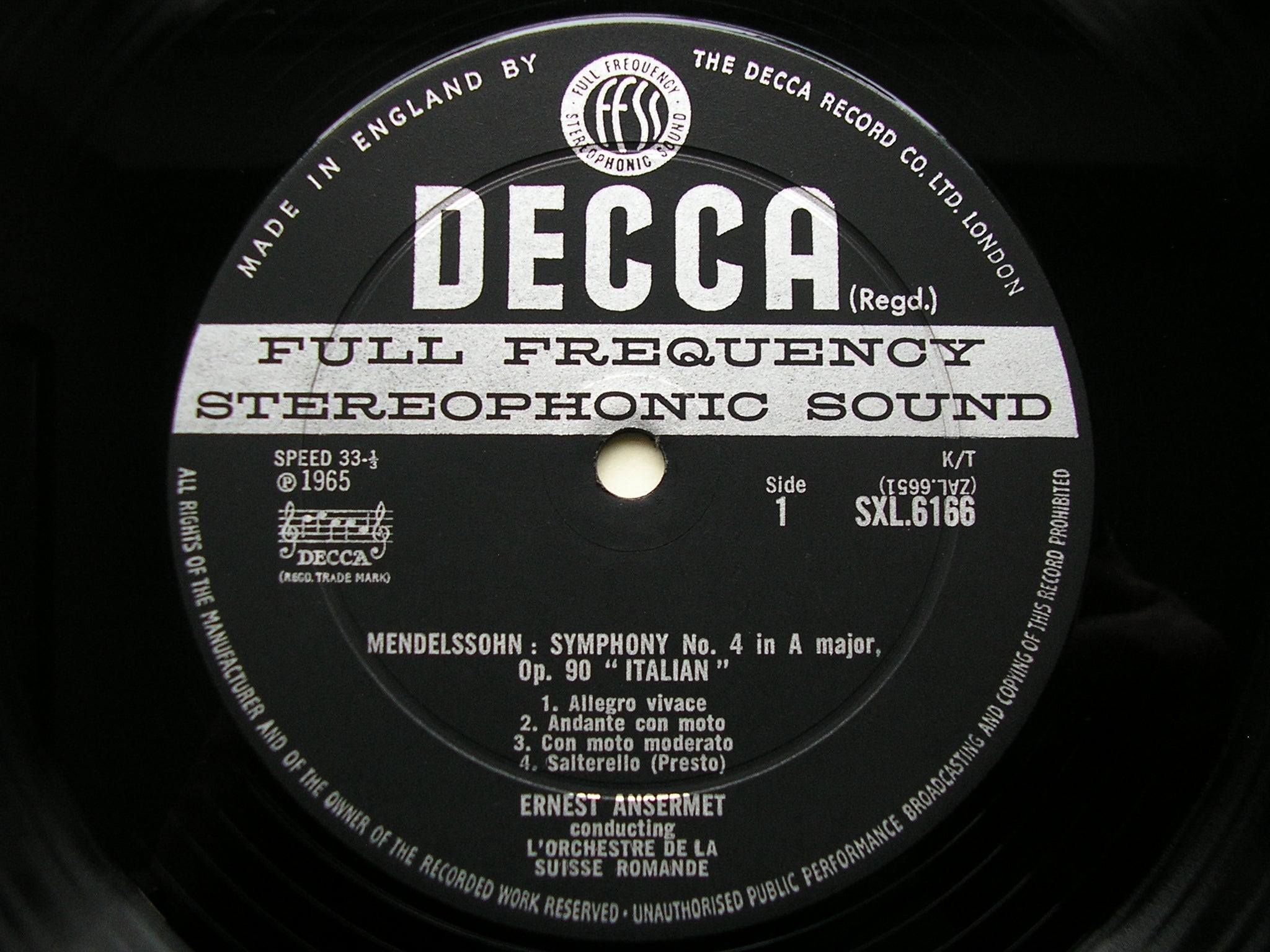 SXL 6166  MENDESSOHN: SYMPHONY No. 4  'Italian'  / THREE OVERTURES      ANSERMET / SUISSE ROMANDE     ED2