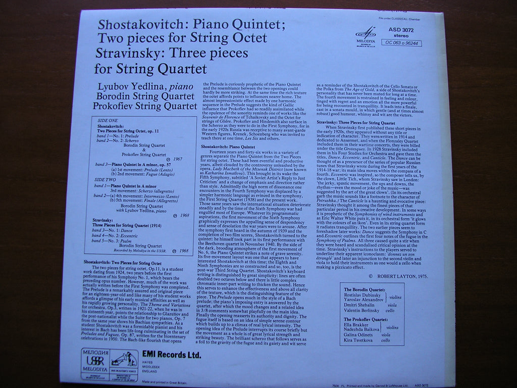 SHOSTAKOVITCH: PIANO QUINTET / TWO PIECES FOR STRING OCTET / STRAVINSKY: THREE PIECES    YEDLINA / BORODIN STRING QUARTET   ASD 3072