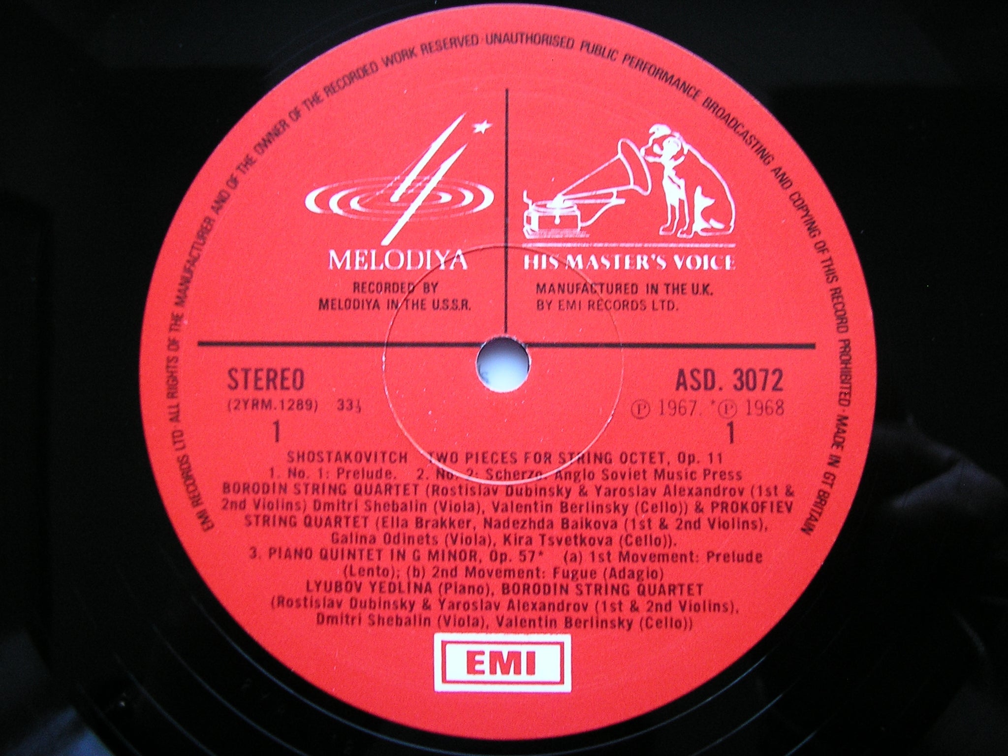 SHOSTAKOVITCH: PIANO QUINTET / TWO PIECES FOR STRING OCTET / STRAVINSKY: THREE PIECES    YEDLINA / BORODIN STRING QUARTET   ASD 3072