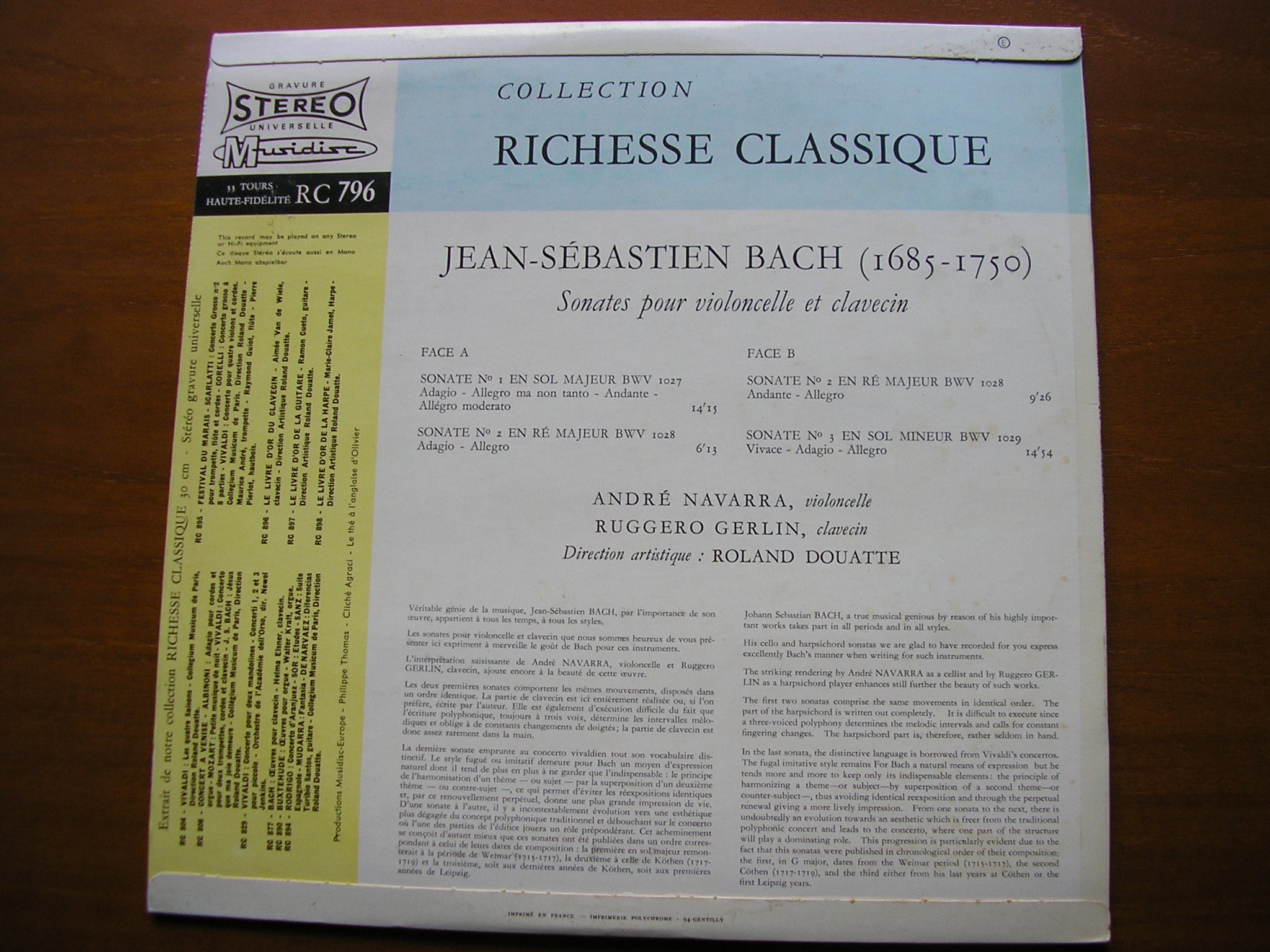 BACH: THREE SONATAS FOR CELLO & HARPSICHORD BWV 1027 - 1029     NAVARRA / GERLIN    30 RC 796