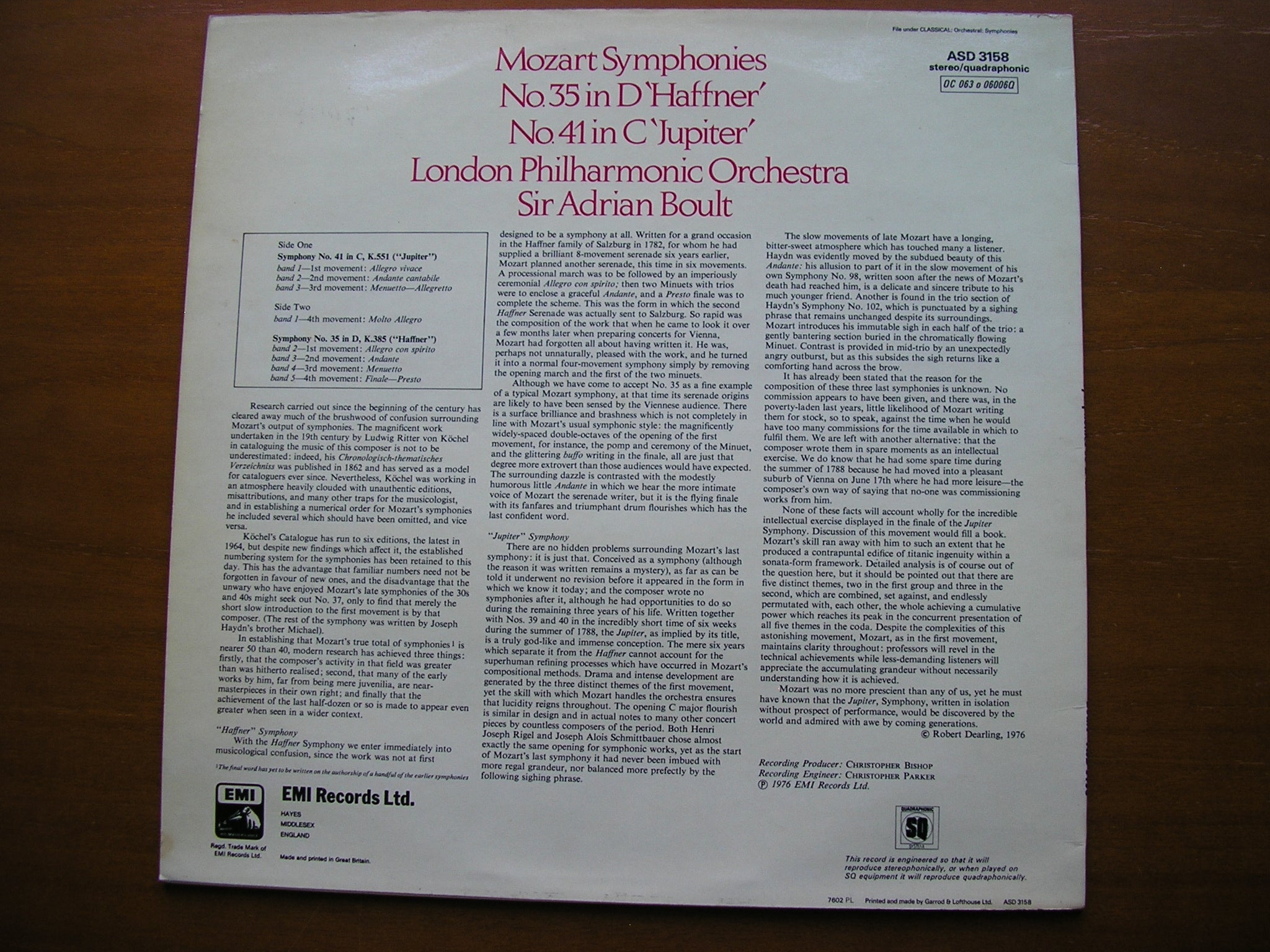 MOZART: SYMPHONIES Nos. 35 'Haffner'  &  41  'Jupiter'    BOULT / LONDON PHILHARMONIC     ASD 3158