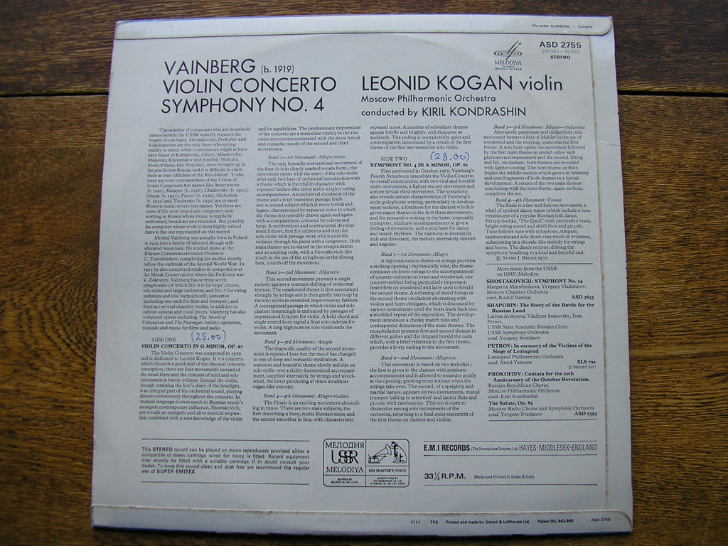 VAINBERG: VIOLIN CONCERTO / SYMPHONY No. 4   KOGAN / MOSCOW PHILHARMONIC / KONDRASHIN   ASD 2755