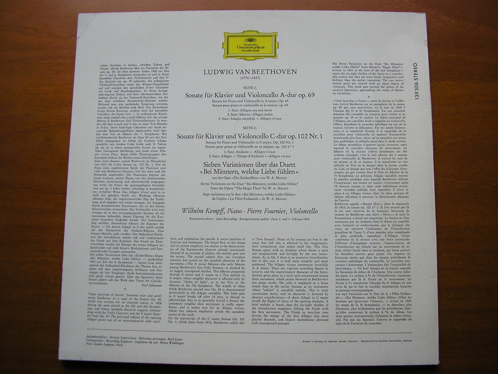 BEETHOVEN: SONATAS FOR PIANO & CELLO / VARIATIONS on 'Bei Mannern'      KEMPFF / FOURNIER      139 306