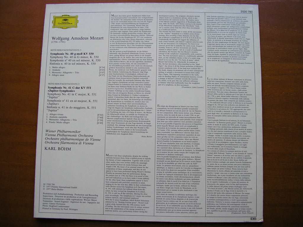 MOZART: SYMPHONIES Nos.  40  &  41  'Jupiter'          BOHM / VIENNA PHILHARMONIC      2530 780