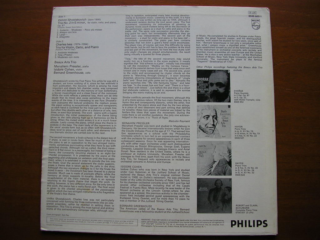 SHOSTAKOVICH: PIANO TRIO No. 2 / IVES: PIANO TRIO     BEAUX ARTS TRIO    6500 860