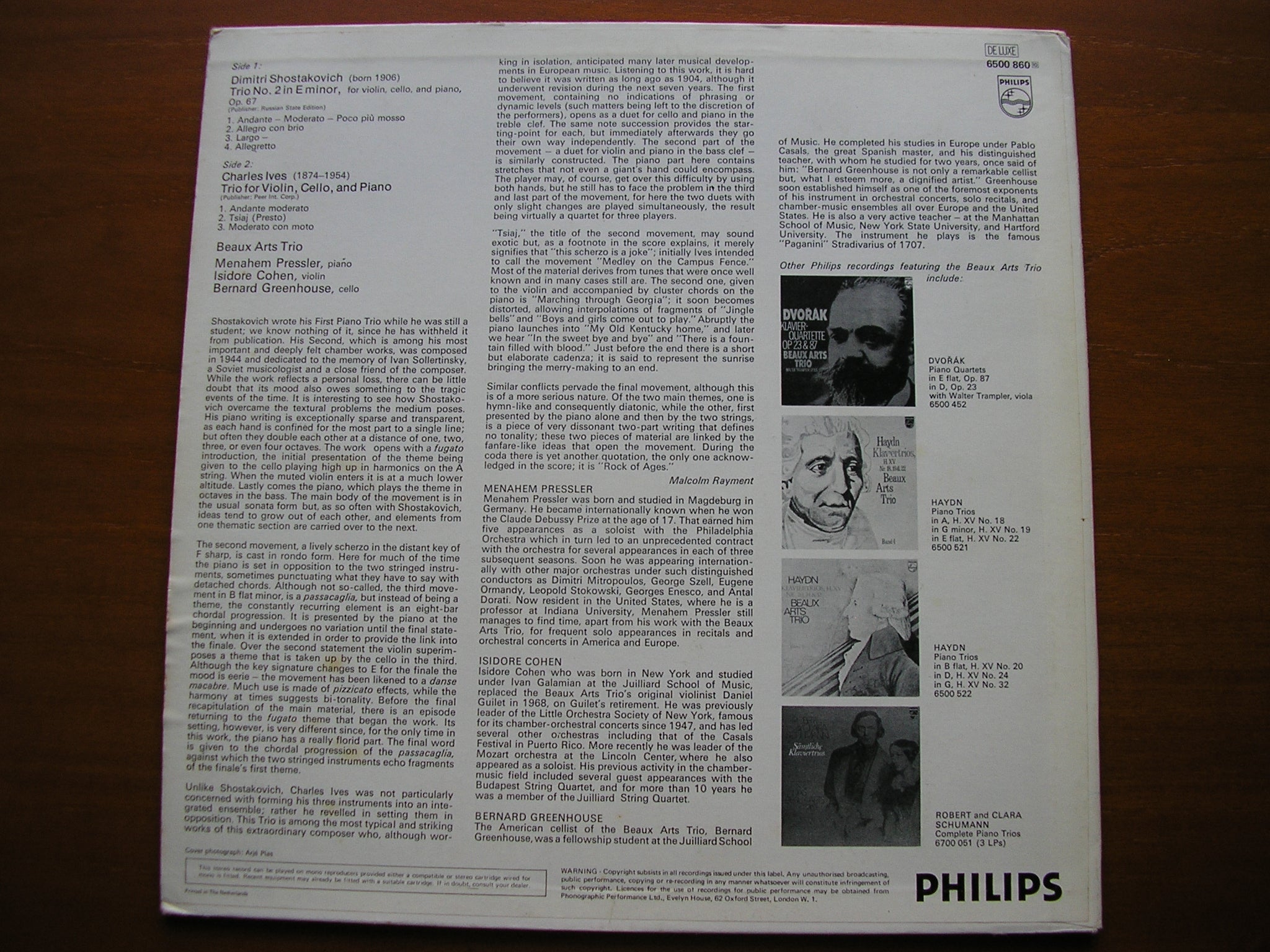 SHOSTAKOVICH: PIANO TRIO No. 2 / IVES: PIANO TRIO     BEAUX ARTS TRIO    6500 860