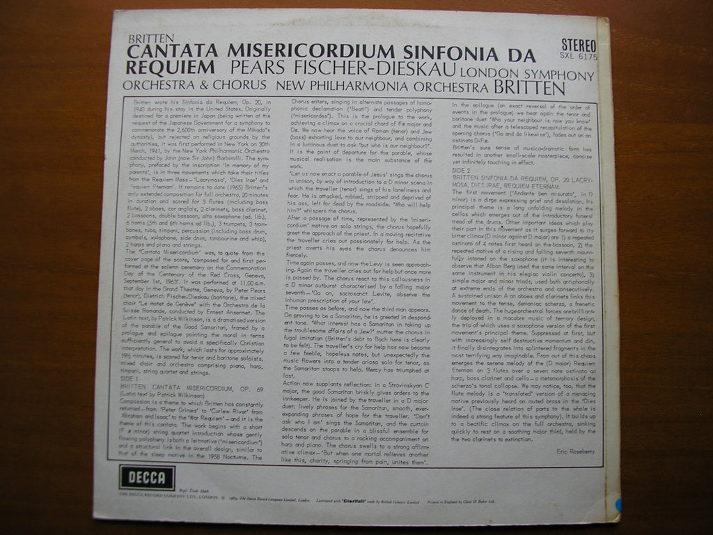 SXL 6175  BRITTEN: SINFONIA DA REQUIEM / CANTATA MISERICORDIUM / SOLOISTS / NPO / LSO / BRITTEN    ED1