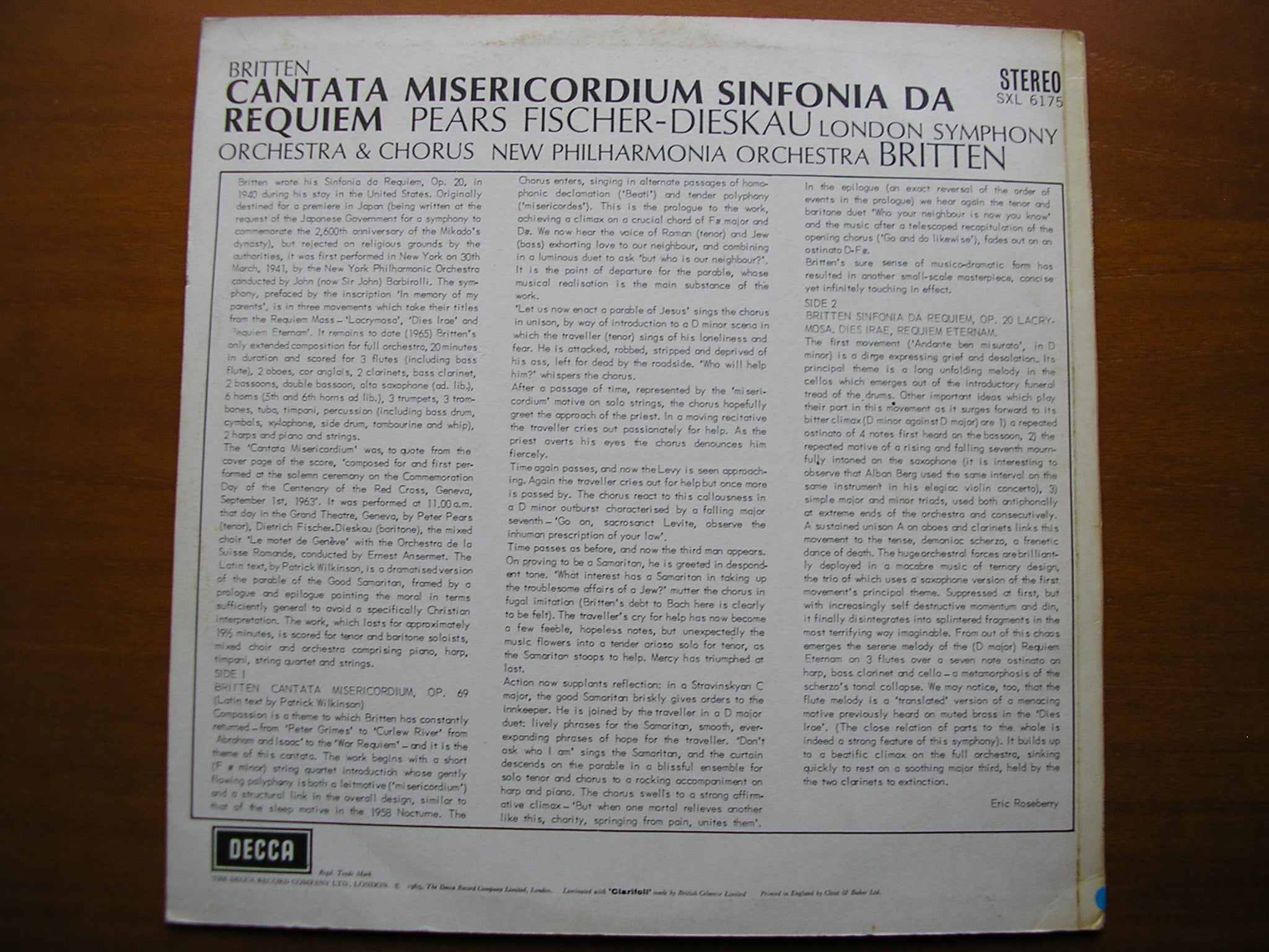 SXL 6175  BRITTEN: SINFONIA DA REQUIEM / CANTATA MISERICORDIUM / SOLOISTS / NPO / LSO / BRITTEN    ED1
