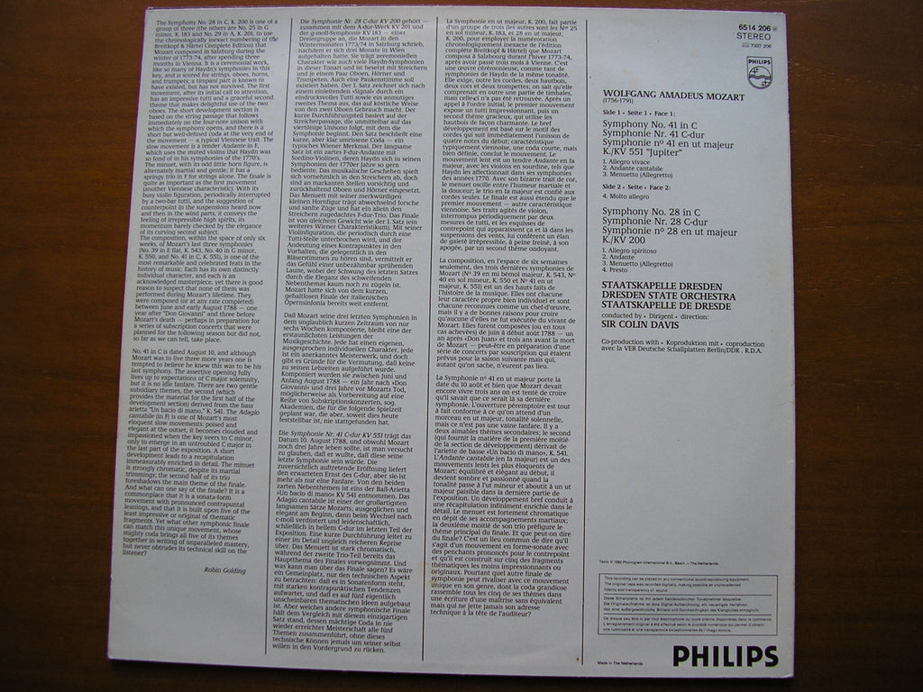 MOZART: SYMPHONIES Nos. 29  &  41  'Jupiter'        DAVIS / STAATSKAPELLE DRESDEN       6514 206